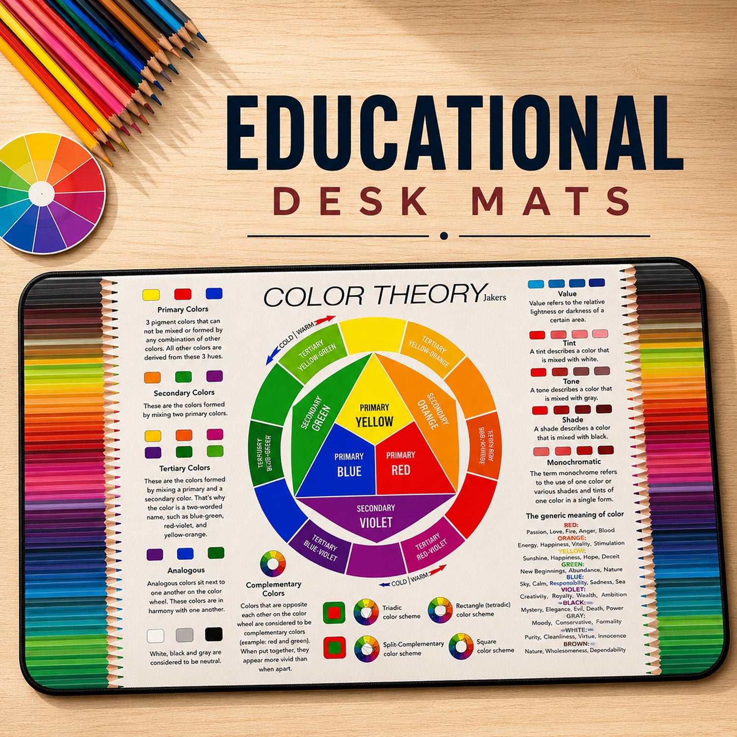 Color Theory Educational Desk Mat featuring a complete color wheel, color harmony charts, and art reference guides for students, teachers, and designers.