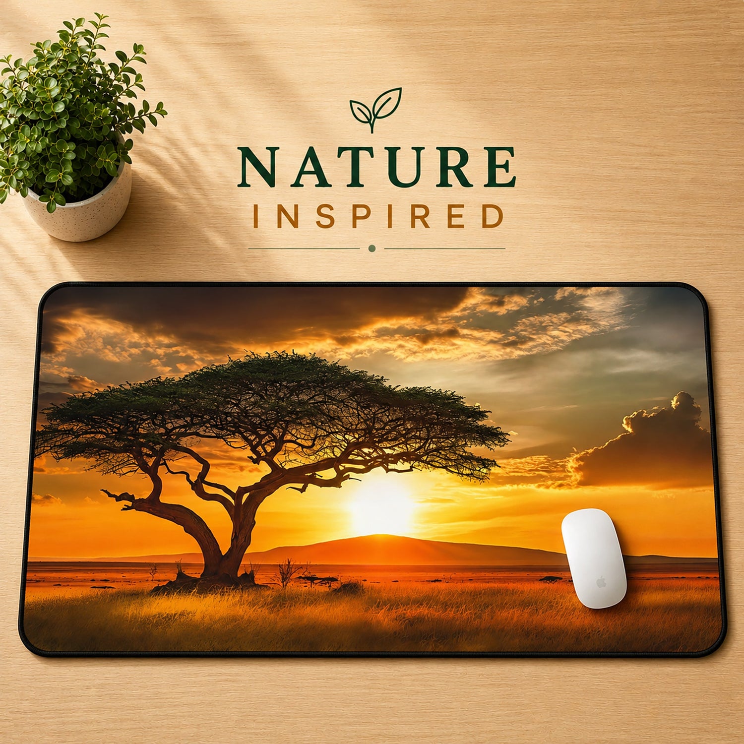 Nature Inspired desk mat with acacia tree sunset design displayed on a wooden desk.