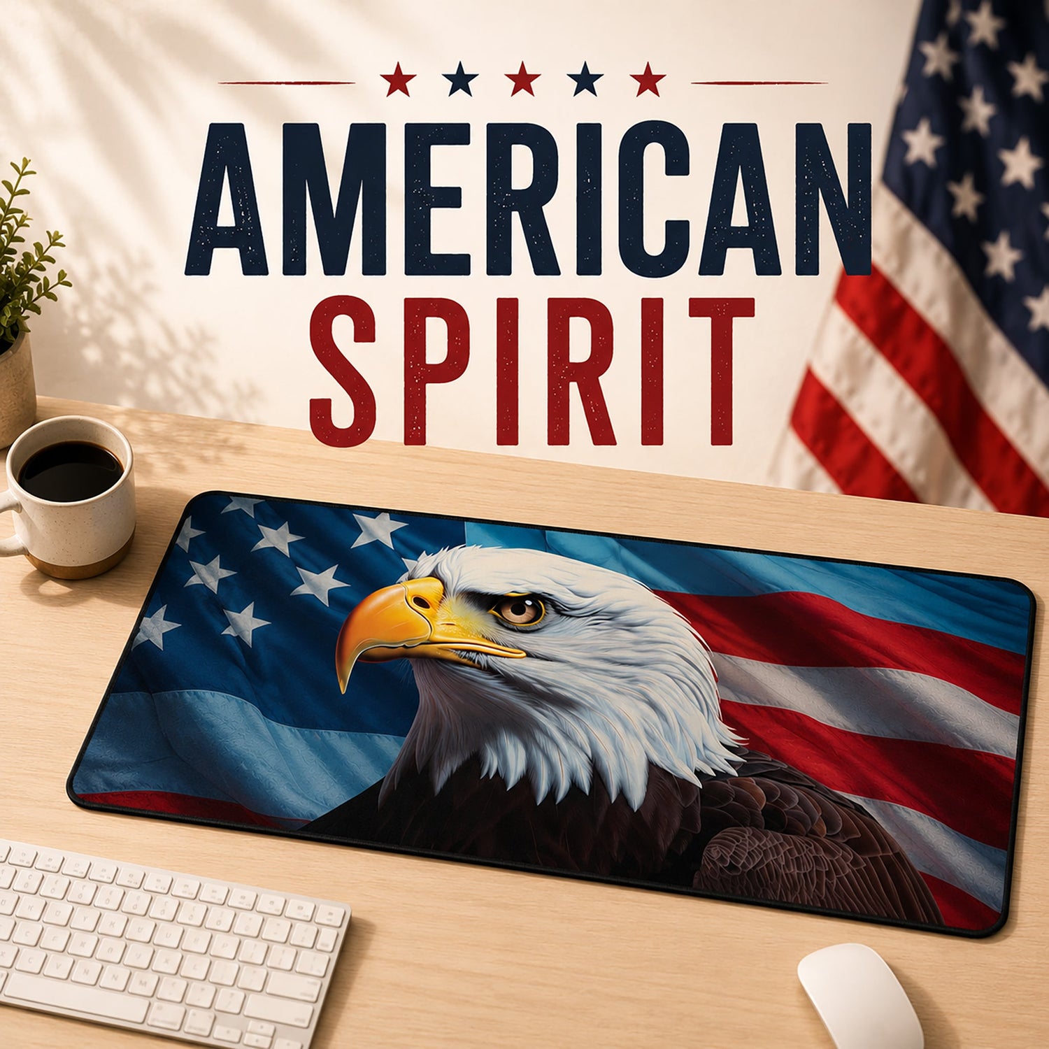 Patriotic desk mats category card showing USA flag design with bald eagle, styled for Jakers brand, 1:1 square format