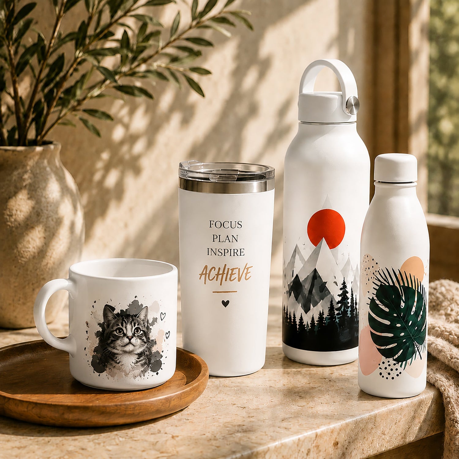 Drinkware collection featuring a cat mug, motivational tumbler, mountain landscape water bottle, and tropical leaf bottle in a cozy sunlit setting.