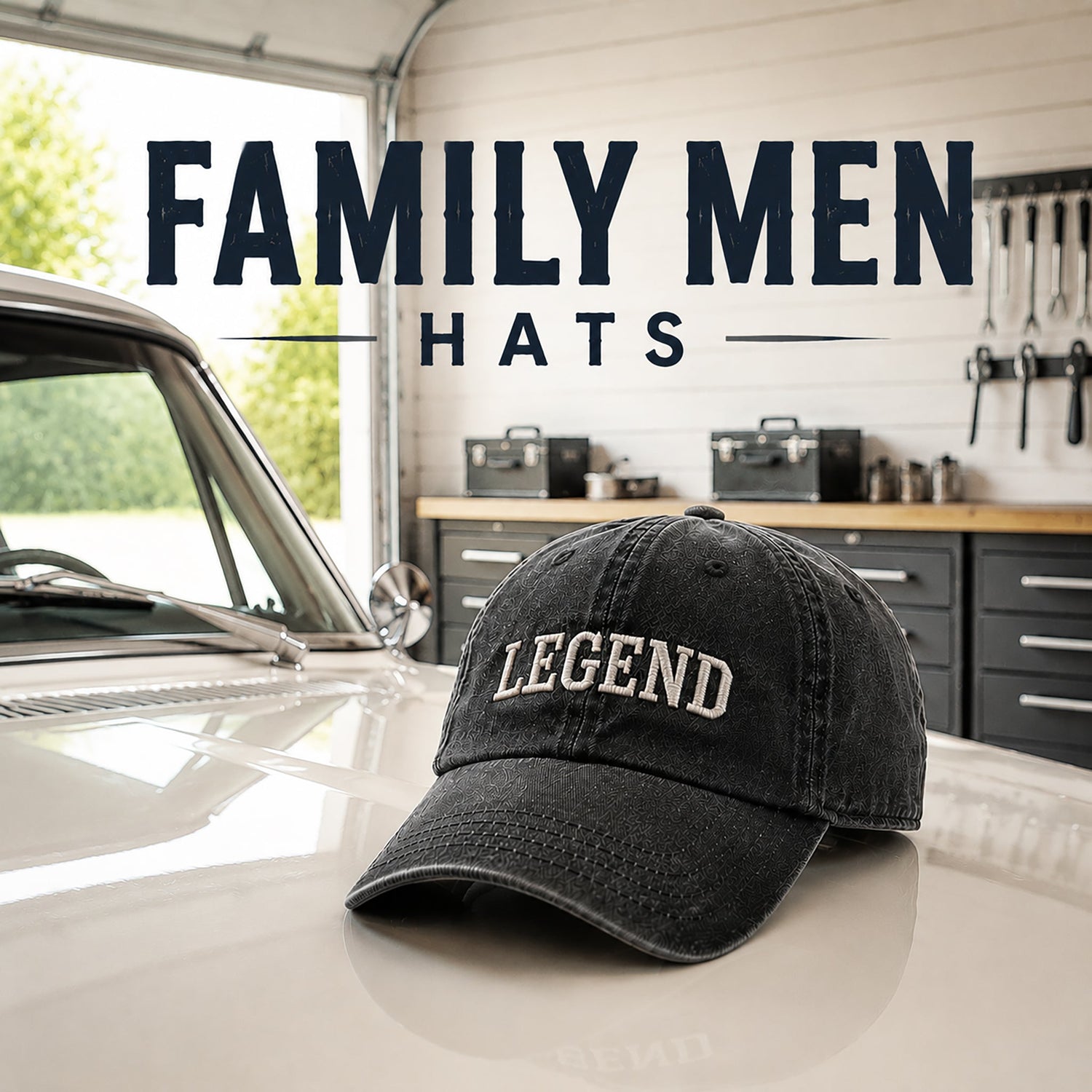 Family Men Hats category card featuring a black “LEGEND” cap displayed on a classic car in a garage-style workshop setting.