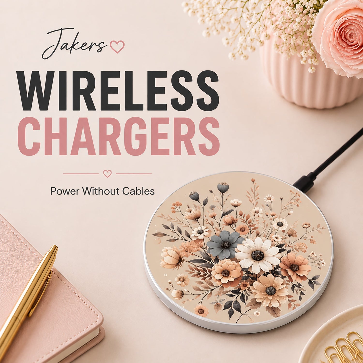 Wireless charger featuring a vintage-inspired floral design in soft pastel tones, displayed in a feminine workspace with modern decorative accessories.