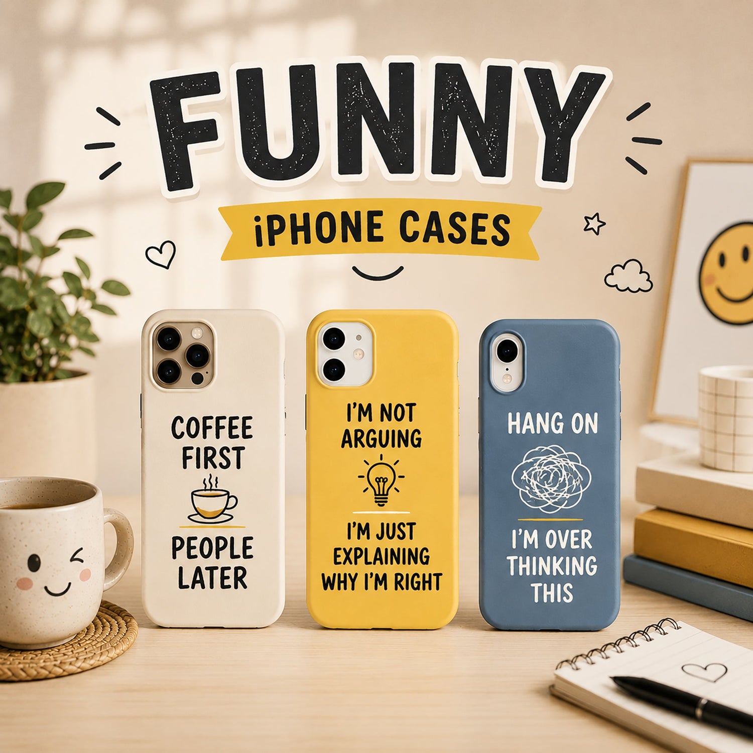 Funny iPhone cases with playful, humorous designs including coffee, arguing, and overthinking themes on pastel backgrounds for women and men