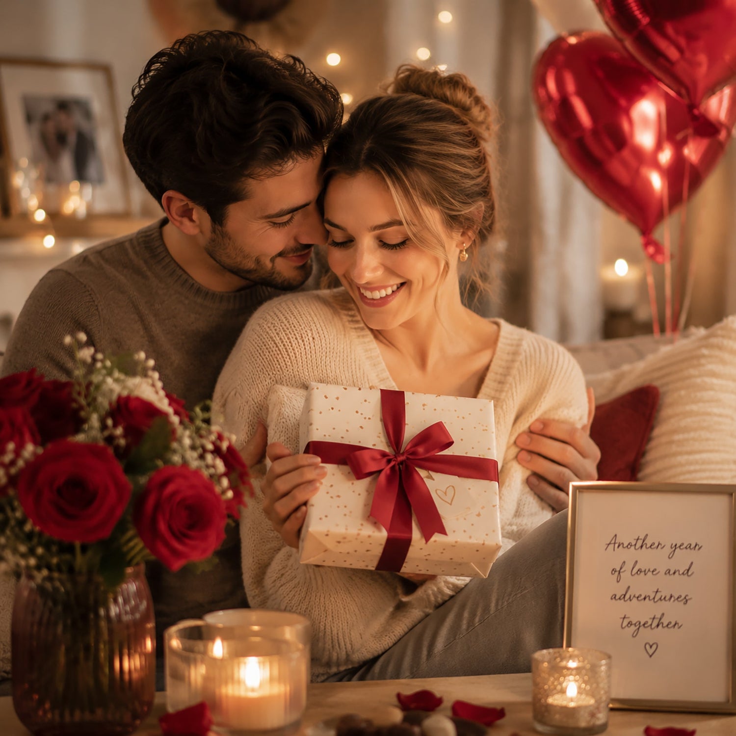 Romantic couple embracing while smiling, holding a wrapped anniversary gift in a warm, cozy living room decorated with candles, roses, and heart-shaped balloons, celebrating love and togetherness.