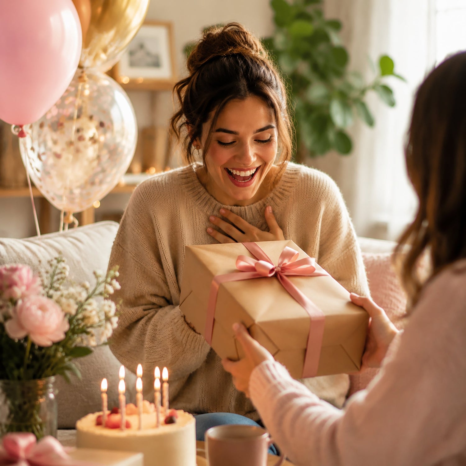 Smiling woman receiving a wrapped birthday gift from a friend in a cozy living room with candles, balloons, and a cake in a warm, celebratory atmosphere.