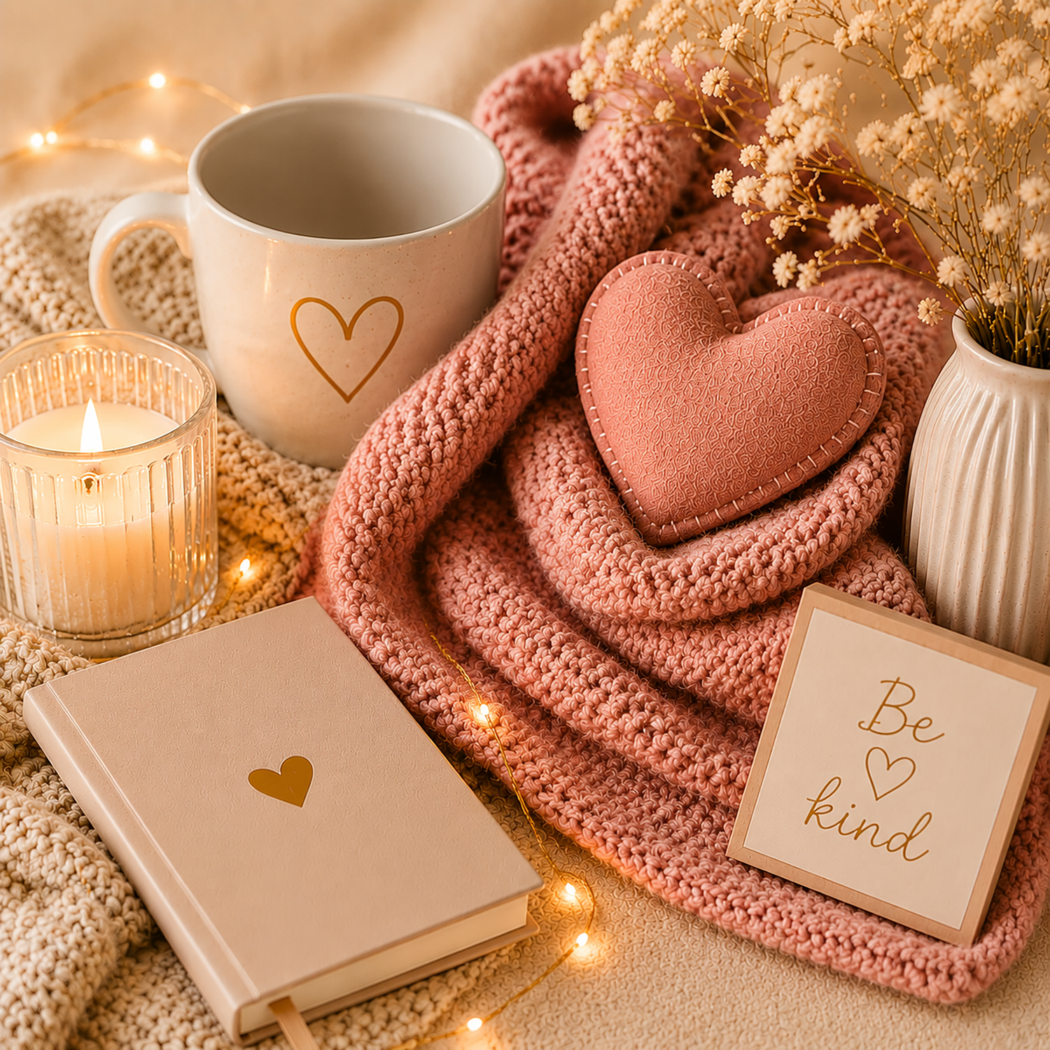 Cozy and emotional gifts featuring a soft blanket, heart pillow, journal, candle, flowers, and an inspirational mug in a warm, comforting setting.