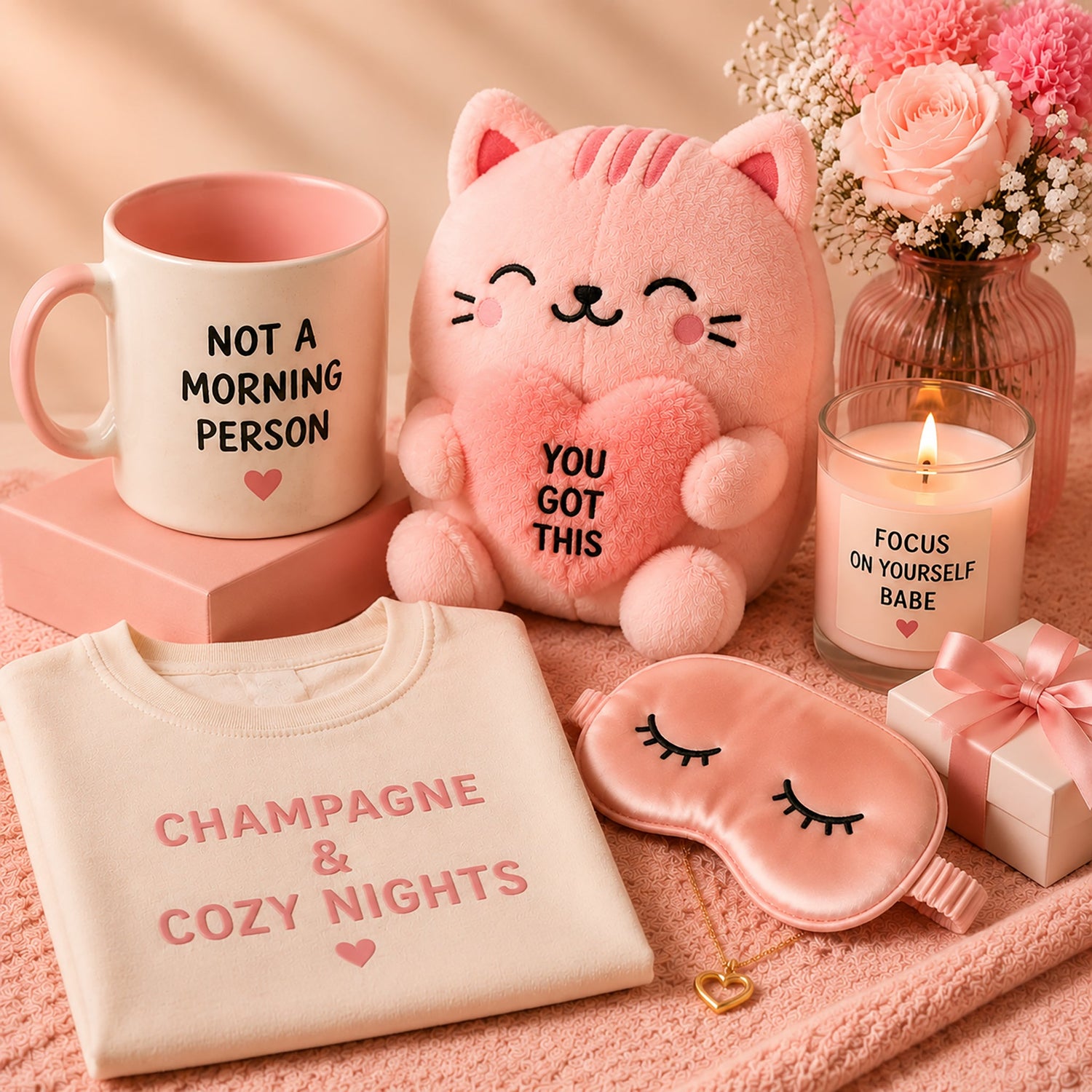 Cozy gifts for her with plush cat, mug, candle, flowers, and sweatshirt in soft pink tones.