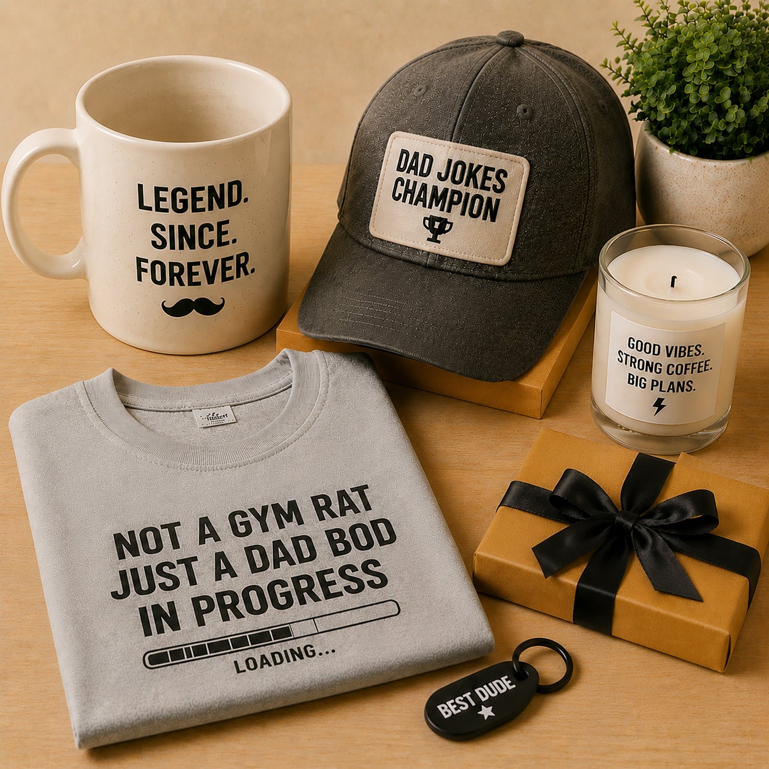 Funny gifts for him featuring a humorous mug, dad hat, graphic sweatshirt, candle, gift box, and keychain in a warm neutral setting.
