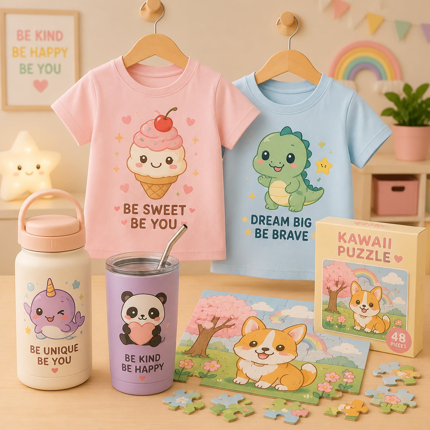 Kids gifts featuring kawaii t-shirts, water bottle, tumbler, and puzzle with cute animal designs in a colorful playful setting.