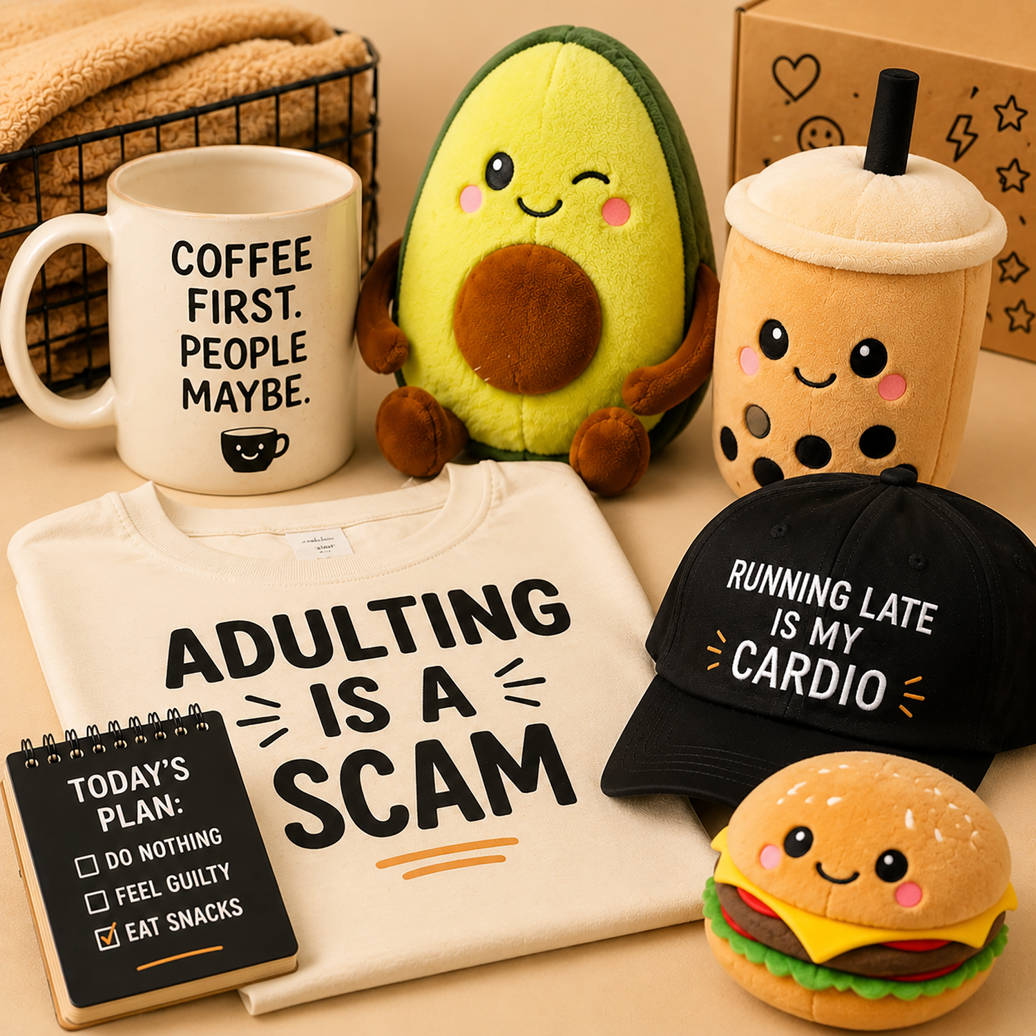 Funny and cute gifts featuring a humorous t-shirt, coffee mug, plush toys, cap, and notebook in a playful cozy setting.