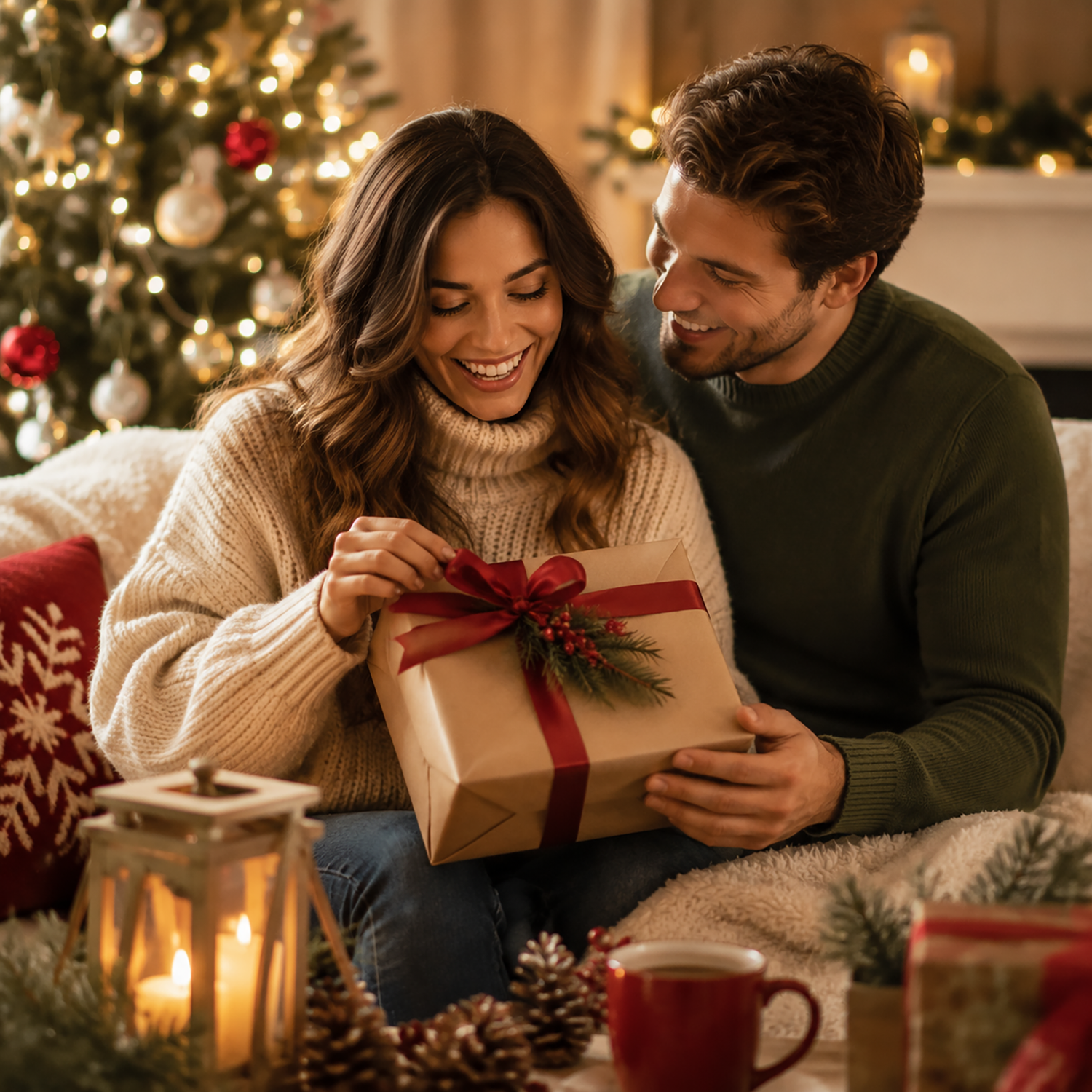 Smiling couple sitting together in a cozy living room decorated for the holidays, opening a wrapped gift box with Christmas tree lights and festive decorations in the background.