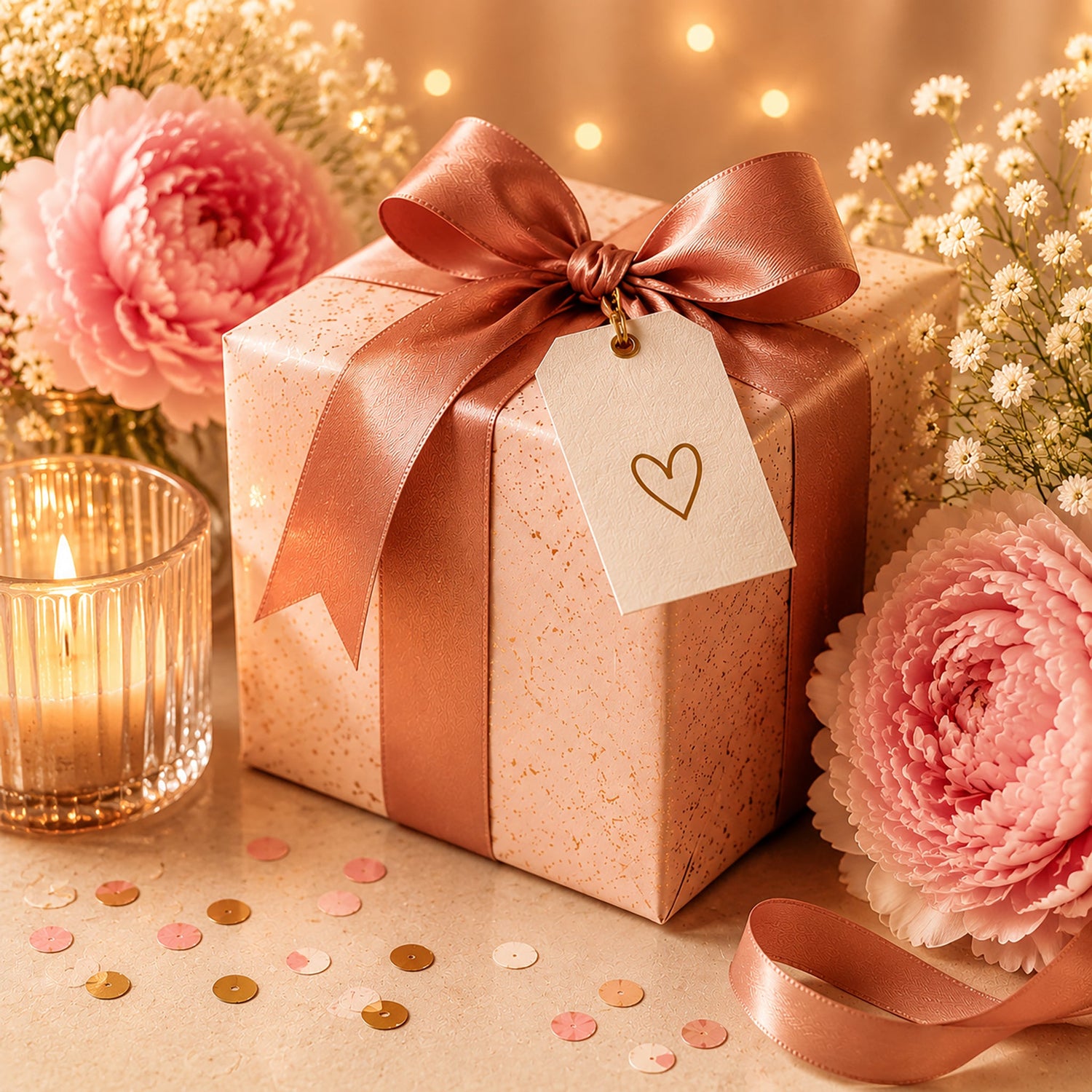 Elegant occasion gifts featuring a wrapped gift box, candlelight, and pink flowers in a warm, festive setting.