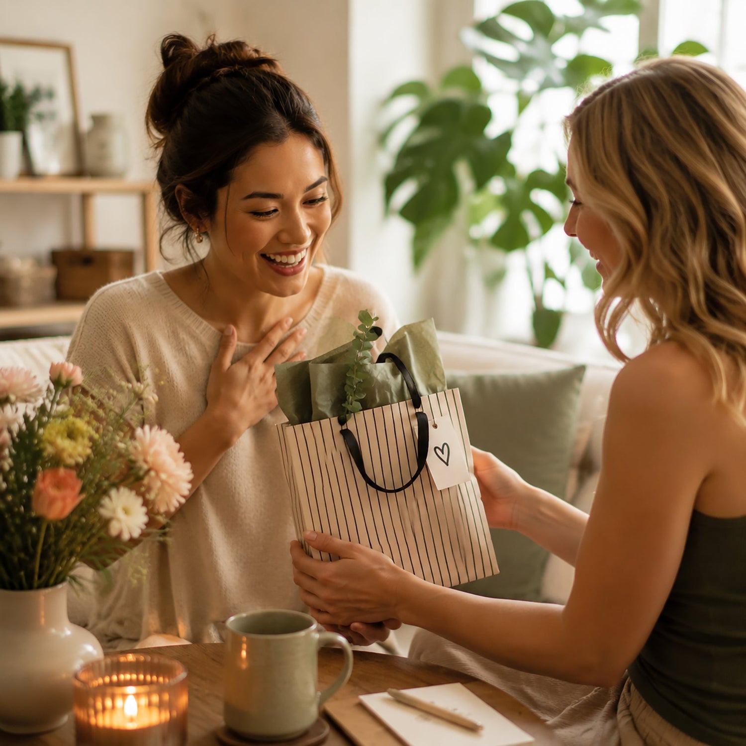 Woman happily receiving a thoughtful thank-you gift bag from a friend in a cozy, warm living room setting with flowers and soft natural light.