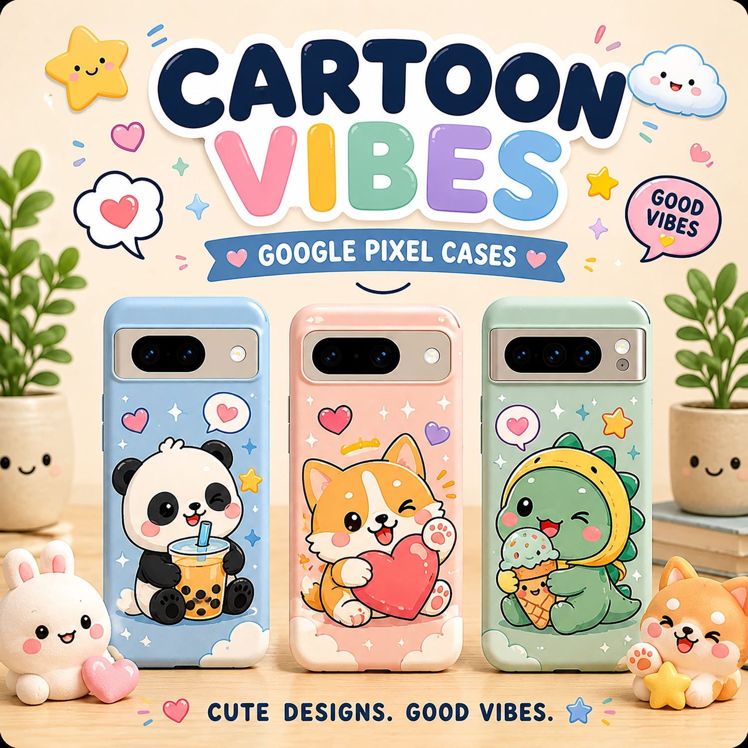 Colorful cartoon-themed Google Pixel phone cases with cute animals and fun icons, displayed on a cheerful background, perfect for playful and vibrant style lovers