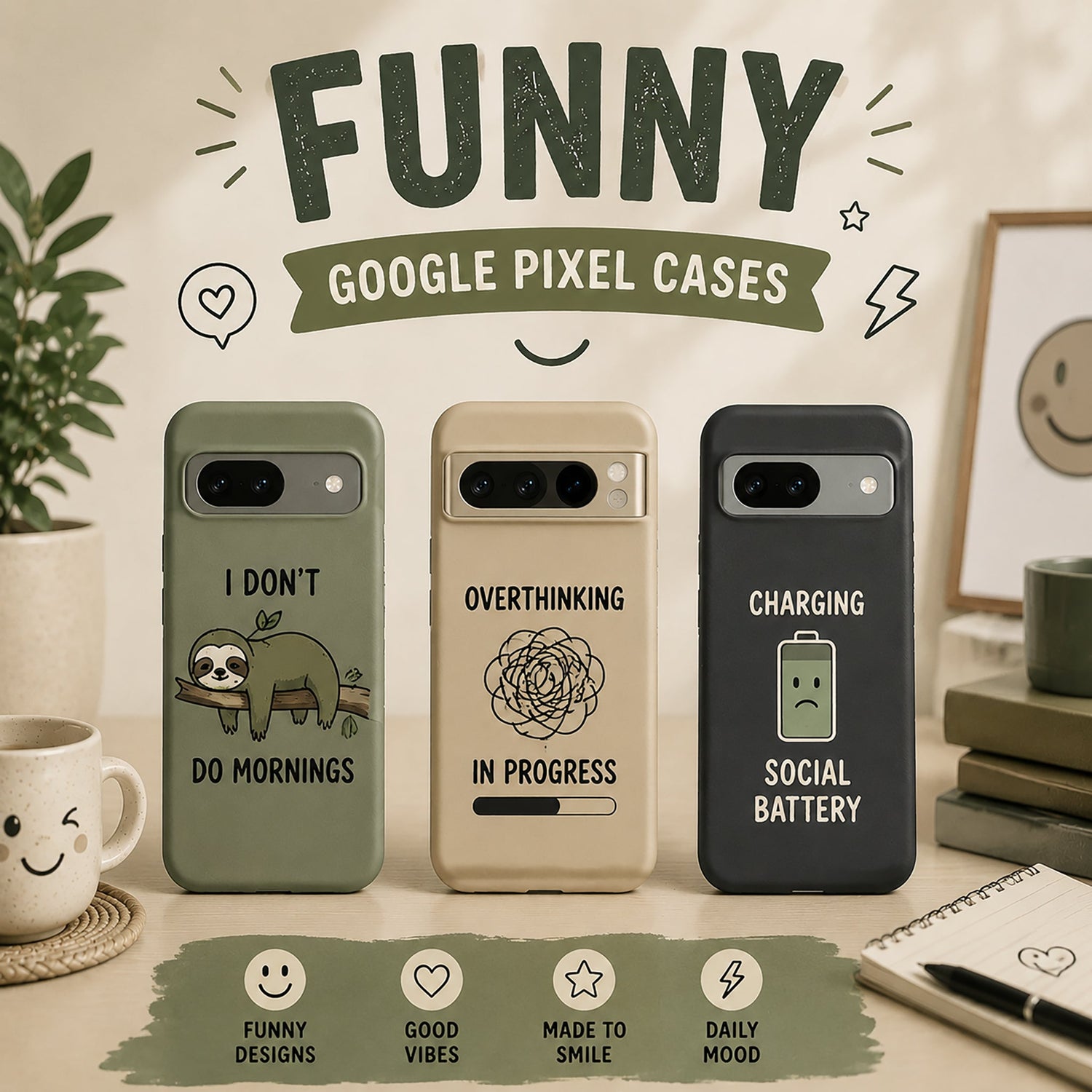 Funny Google Pixel cases with humorous quotes and playful designs.