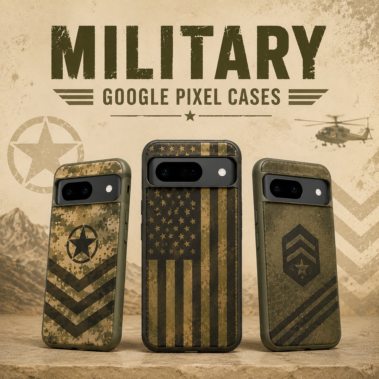 Military Google Pixel cases with camouflage and patriotic designs.