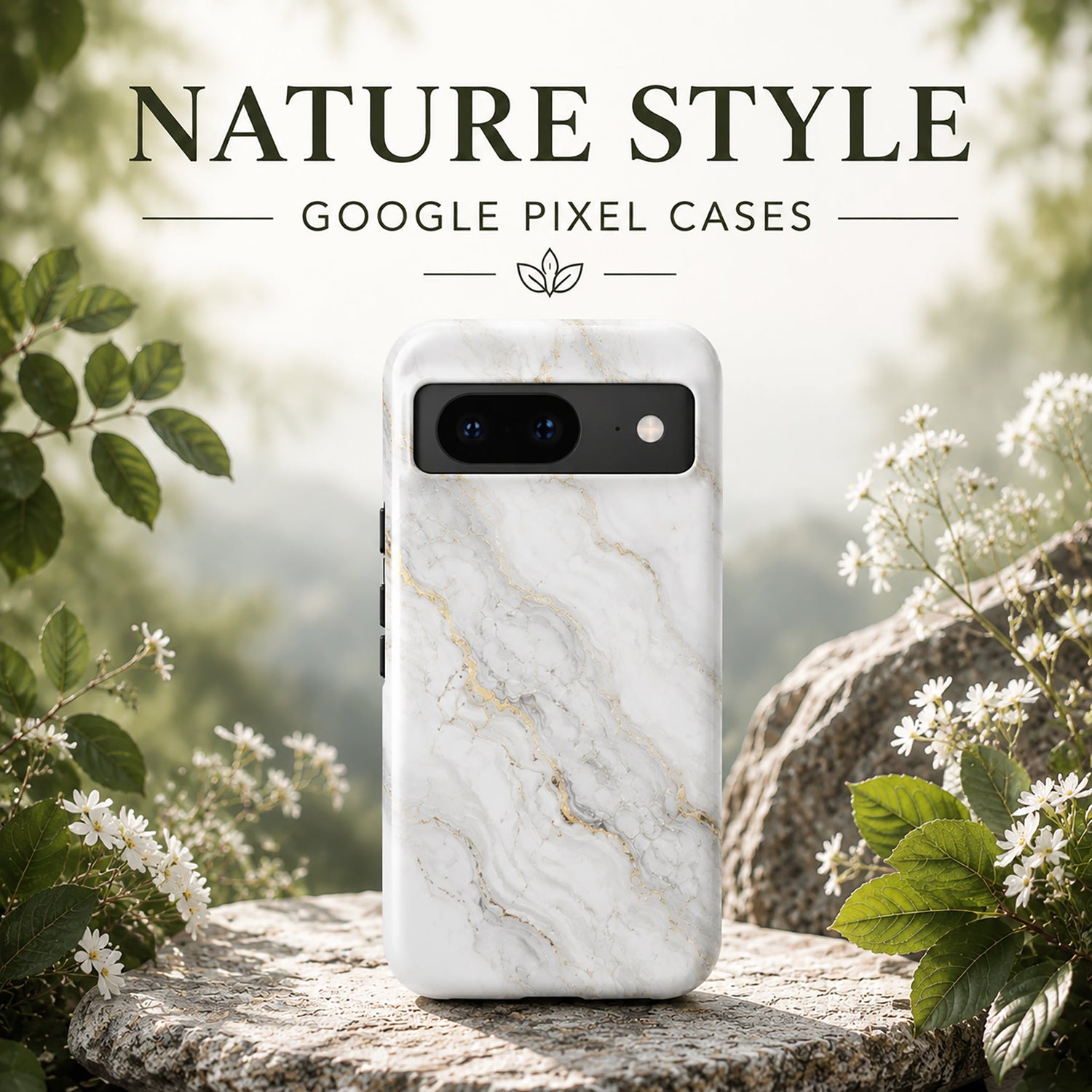 Google Pixel Nature Style Case – Elegant marble and floral design with soft natural tones, protective phone cover for Google Pixel, stylish and durable.