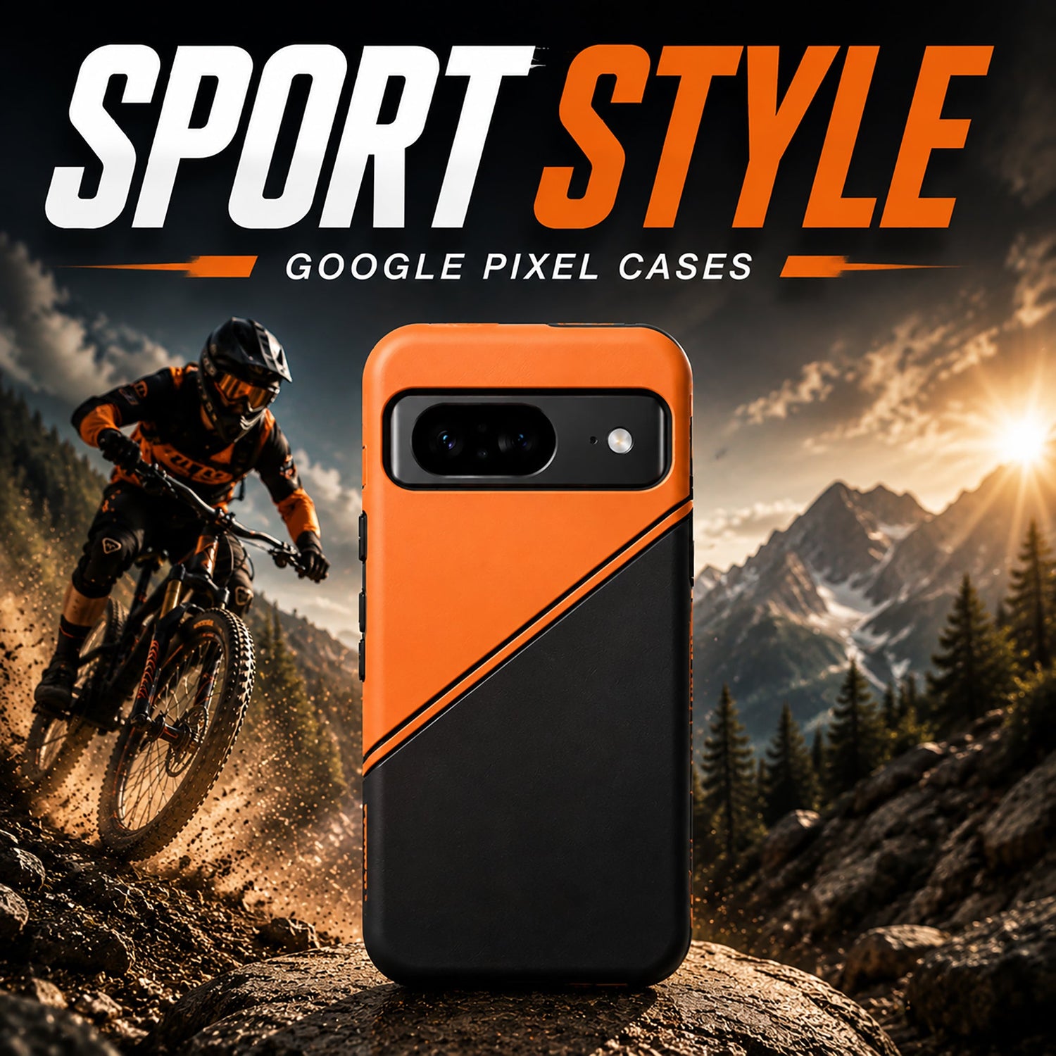 Sport Style Google Pixel case with orange and black mountain biking design.
