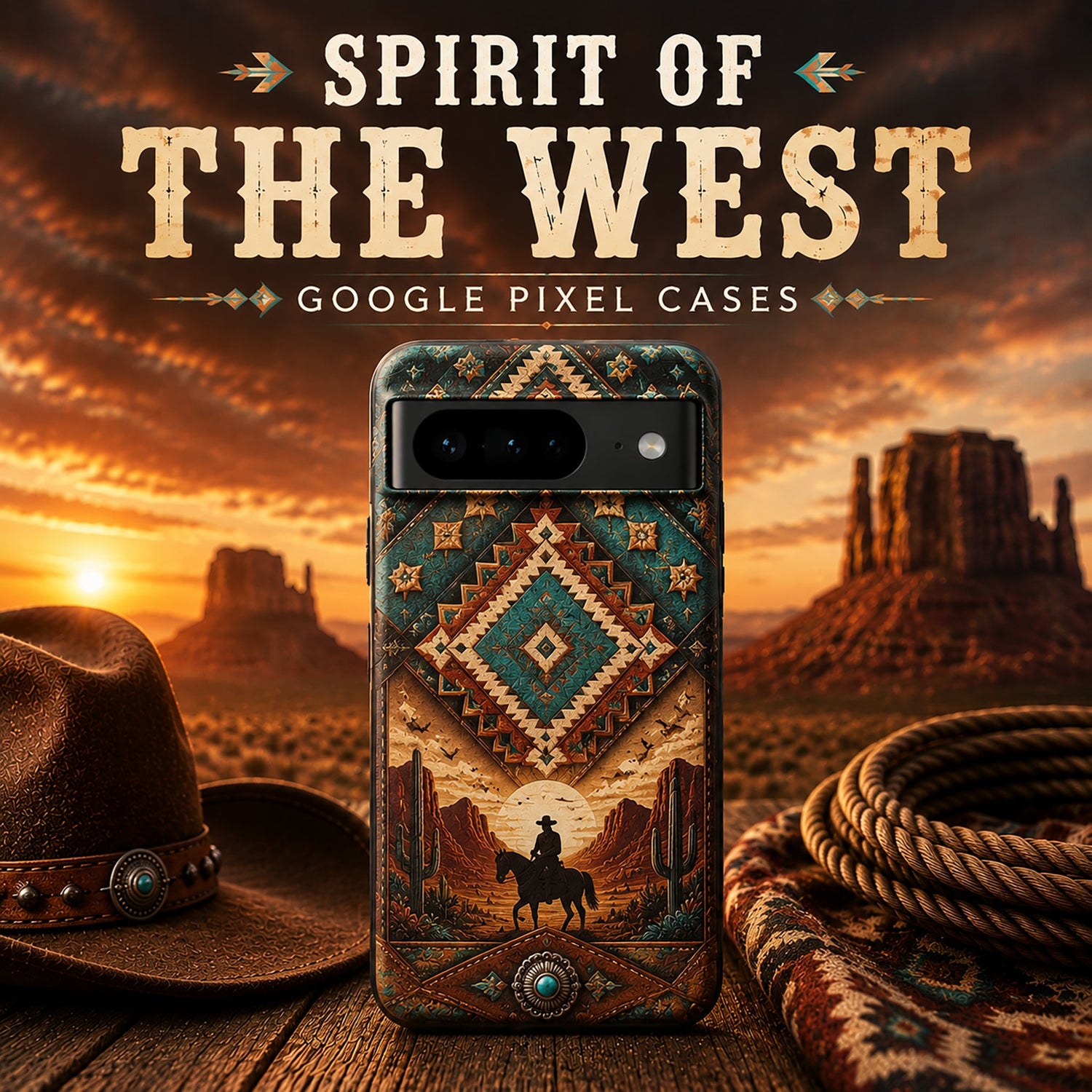 Western Google Pixel case with Southwestern design and cowboy artwork.