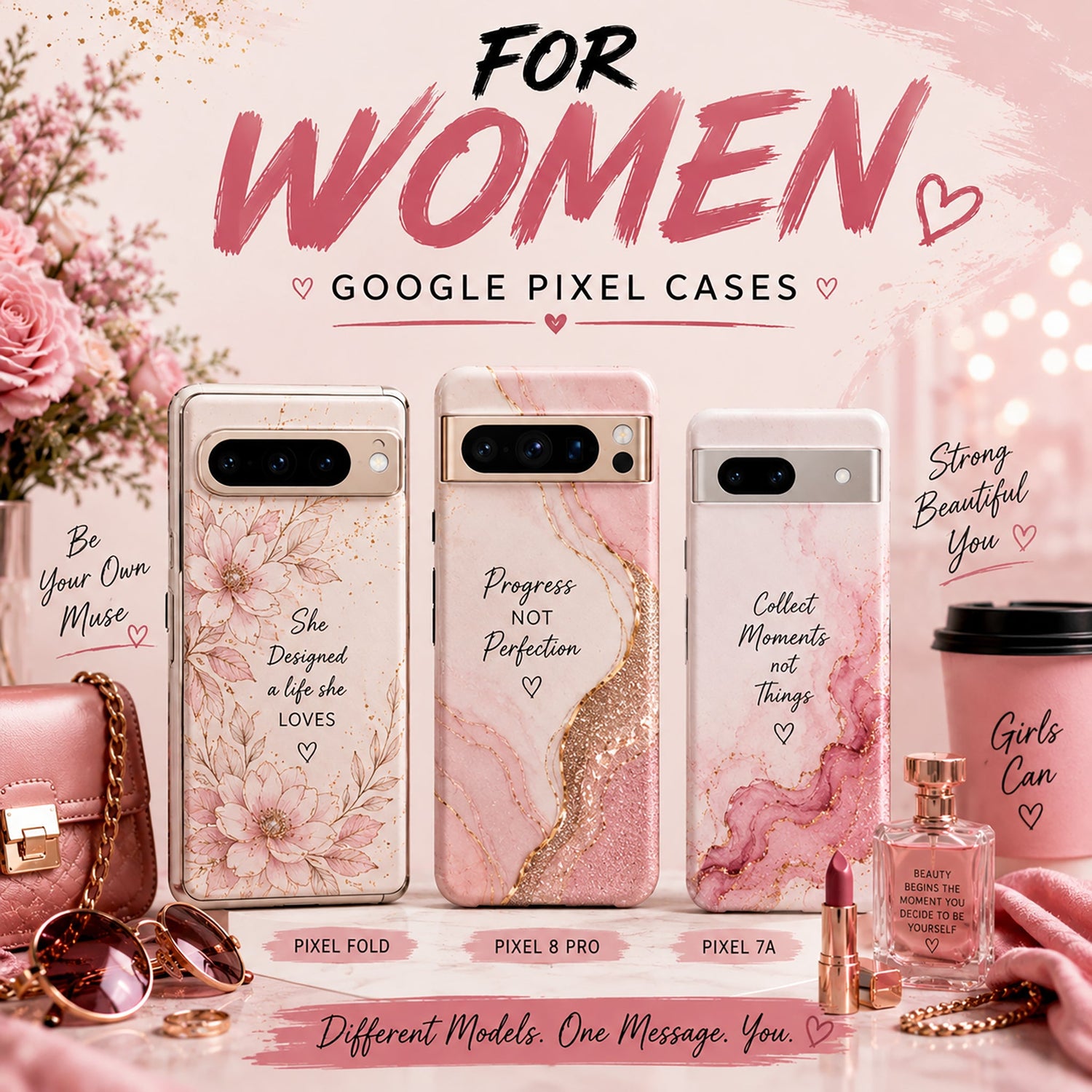 For Women Google Pixel cases with pink marble, floral, and feminine designs