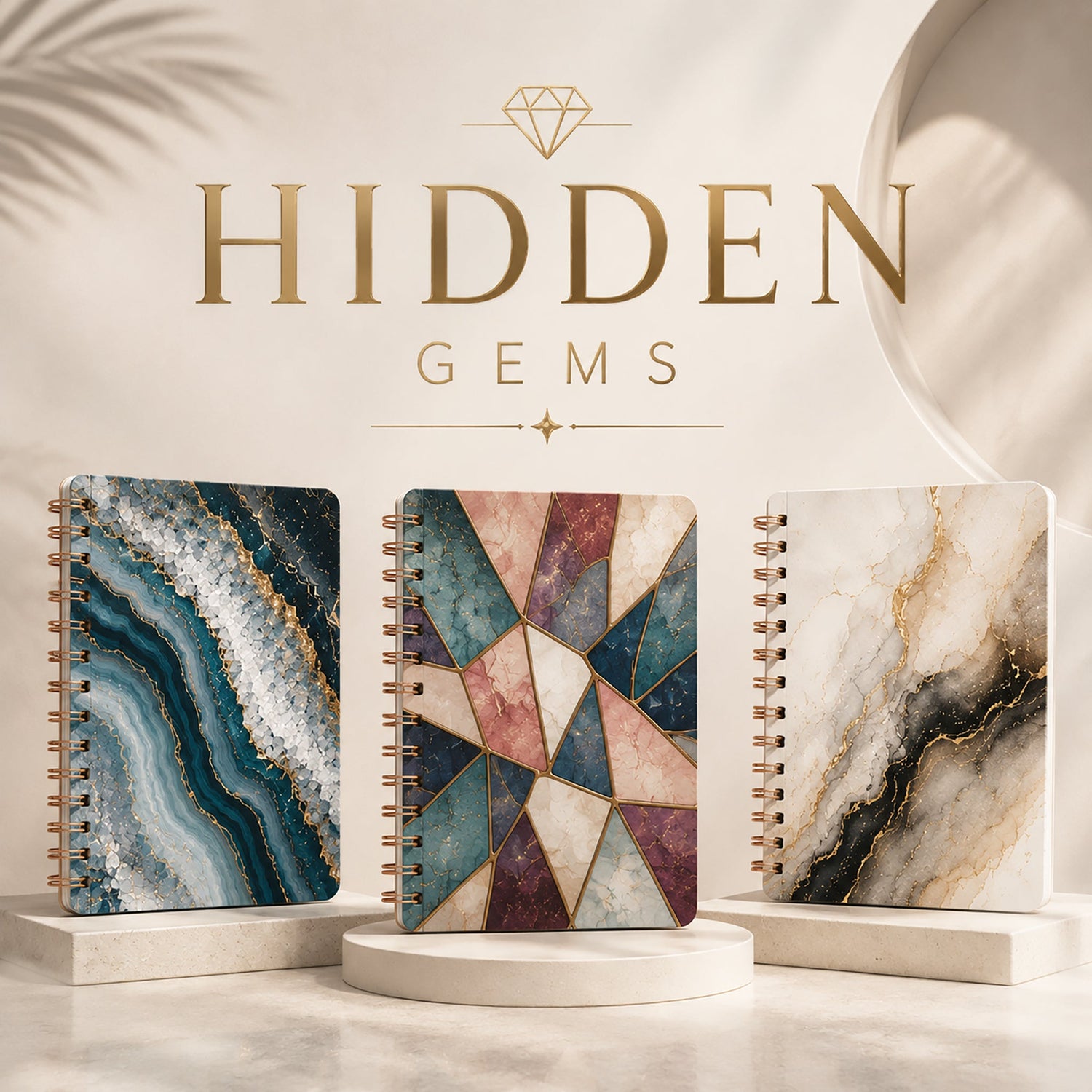 Premium spiral notebooks featuring unique geode, abstract stained glass, and marble-inspired artwork for journaling, note-taking, planning, and creative writing.