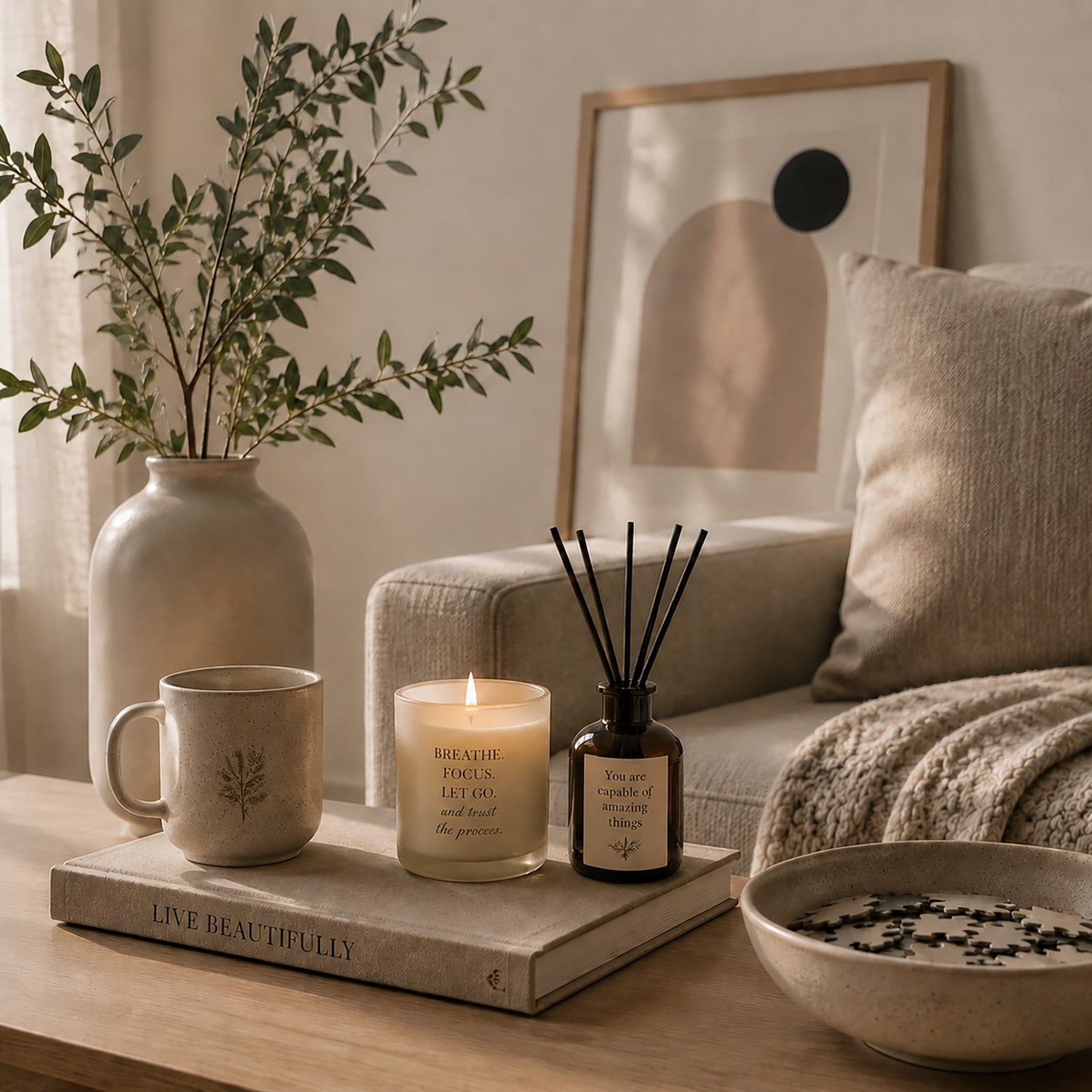 Minimalist home and living collection featuring cozy modern decor and everyday essentials