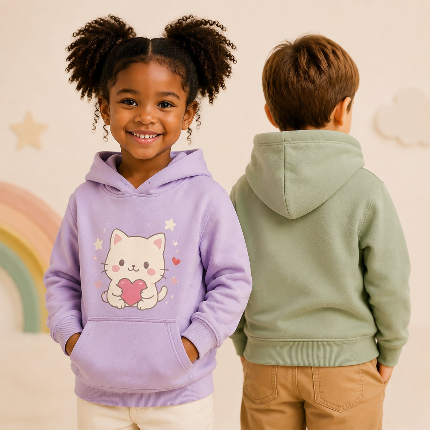 Smiling young girl wearing a kawaii cat graphic hoodie stands beside a boy shown from the back in a pastel green hoodie, set against a soft playful background with a rainbow and warm neutral tones.