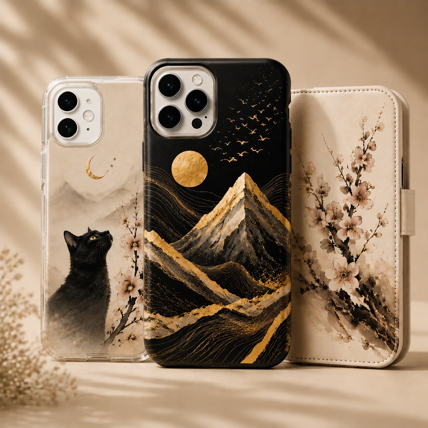 Premium phone cases with gold and nature-inspired designs in a minimalist aesthetic.
