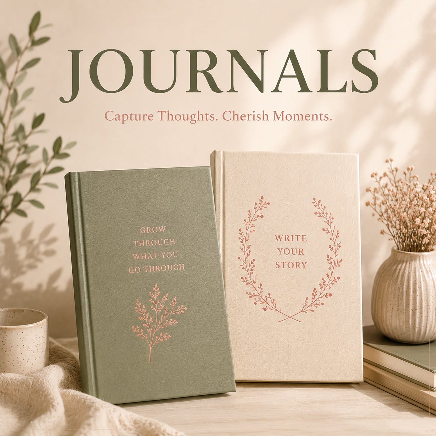 Hardcover journals with elegant botanical designs, inspirational quotes, and soft neutral colors for journaling, reflection, and everyday writing.