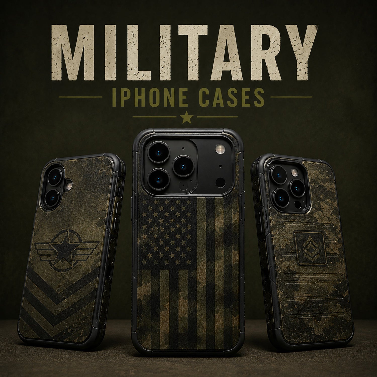 Military-inspired iPhone cases in rugged tactical designs, featuring army, camouflage, and patriotic patterns. Durable protective cases for iPhone models, ideal for everyday use and gift for service members or military enthusiasts.