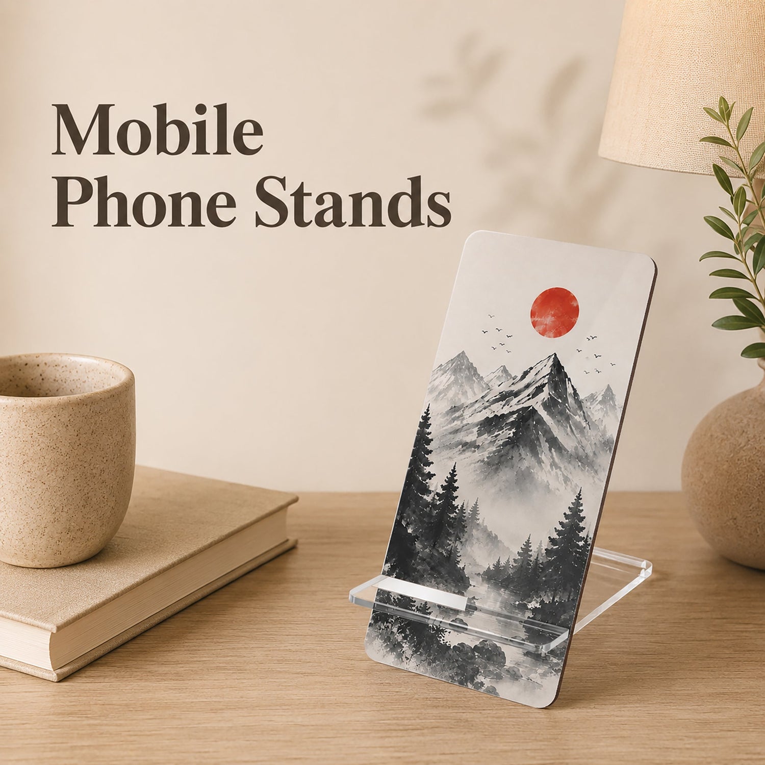 Mobile Phone Stands collection featuring a custom acrylic phone holder with mountain landscape design in a modern home decor setting.