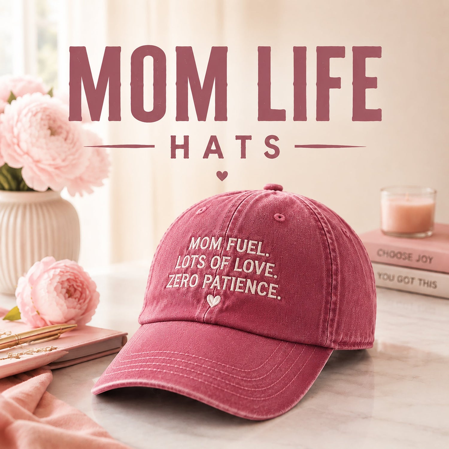 Mom Life Hats category card featuring a pink cap with embroidered motivational text in a soft feminine lifestyle setting.