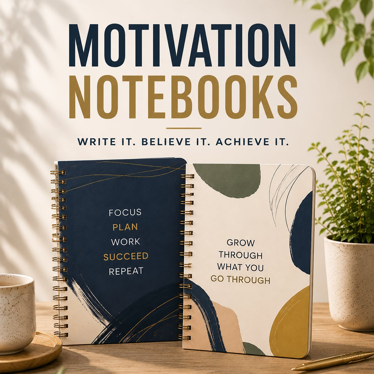 Motivation notebooks featuring inspirational quotes, modern abstract cover designs, and premium spiral binding for journaling, planning, and personal growth.
