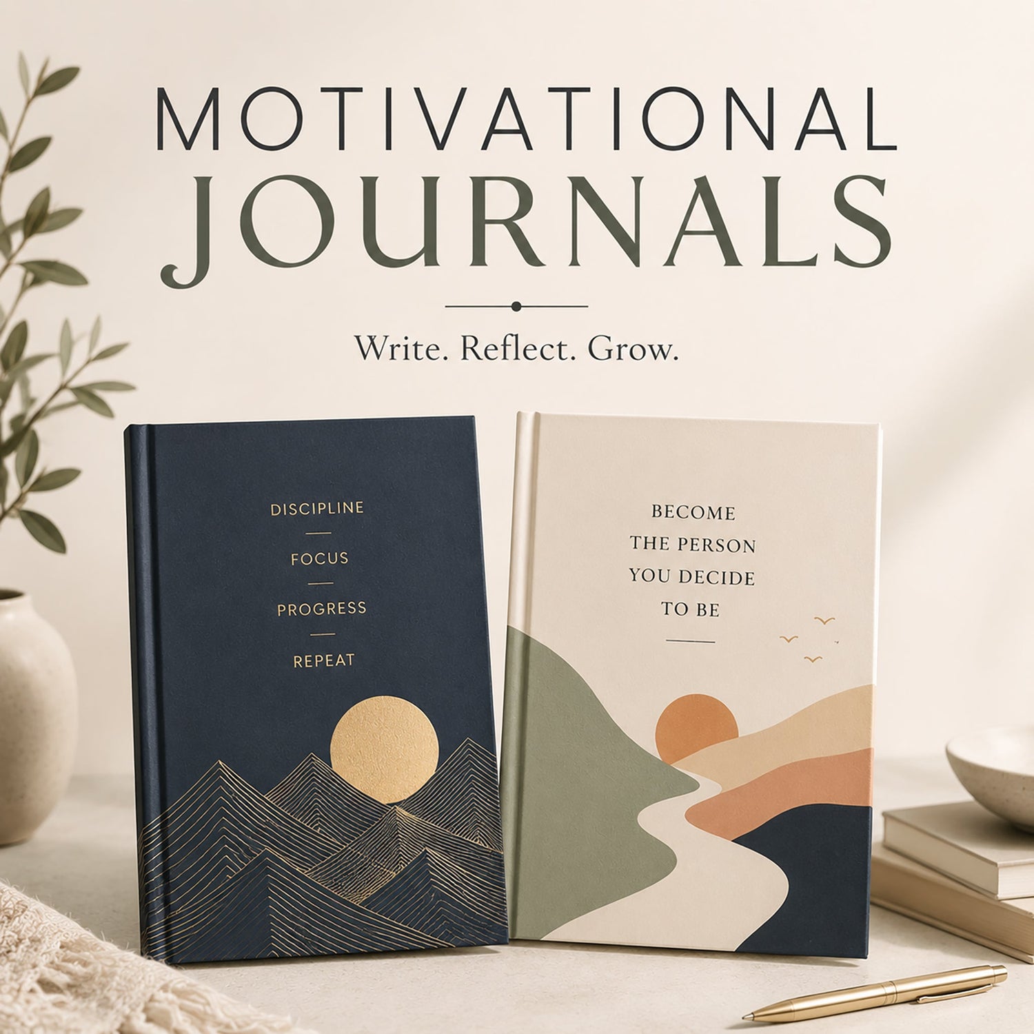 Motivational Journals collection featuring inspiring hardcover journals with modern mountain landscapes, minimalist designs, and uplifting themes for goal setting, reflection, personal growth, and everyday inspiration.