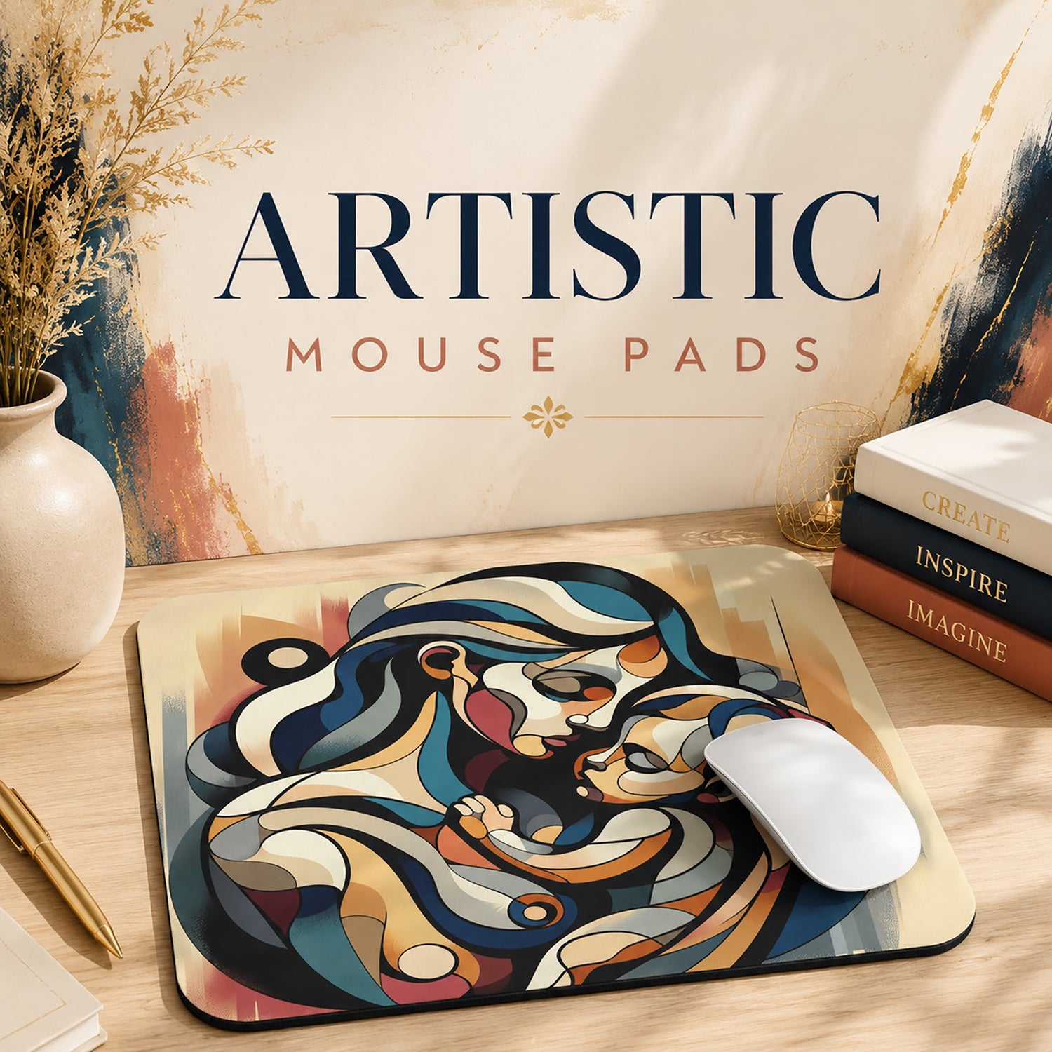 Artistic Mouse Pads collection featuring vibrant abstract art designs displayed in a stylish and inspiring workspace setting.