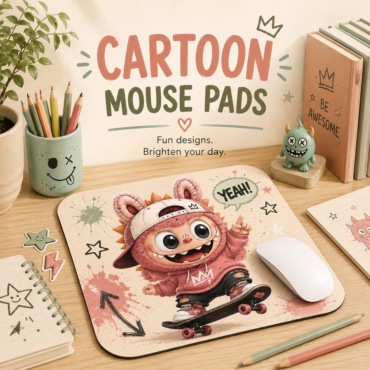 Cartoon mouse pad with colorful playful character on skateboard, fun doodles, pencils and notebooks on desk, whimsical design for kids and students, vibrant desk accessory for home or school use.