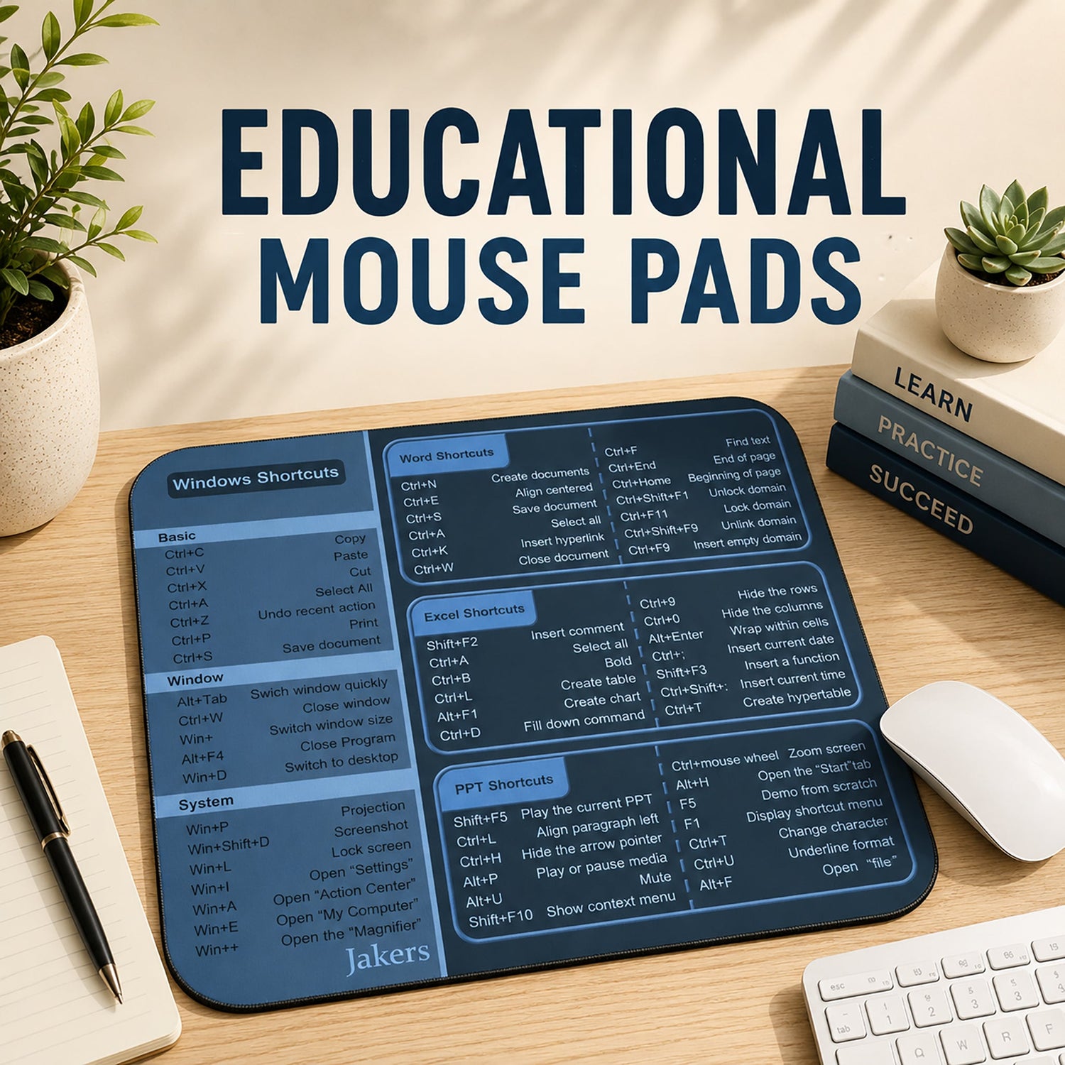 Educational mouse pad featuring computer shortcuts and study tips, displayed on a desk with keyboard, books, and plant for productivity and learning.