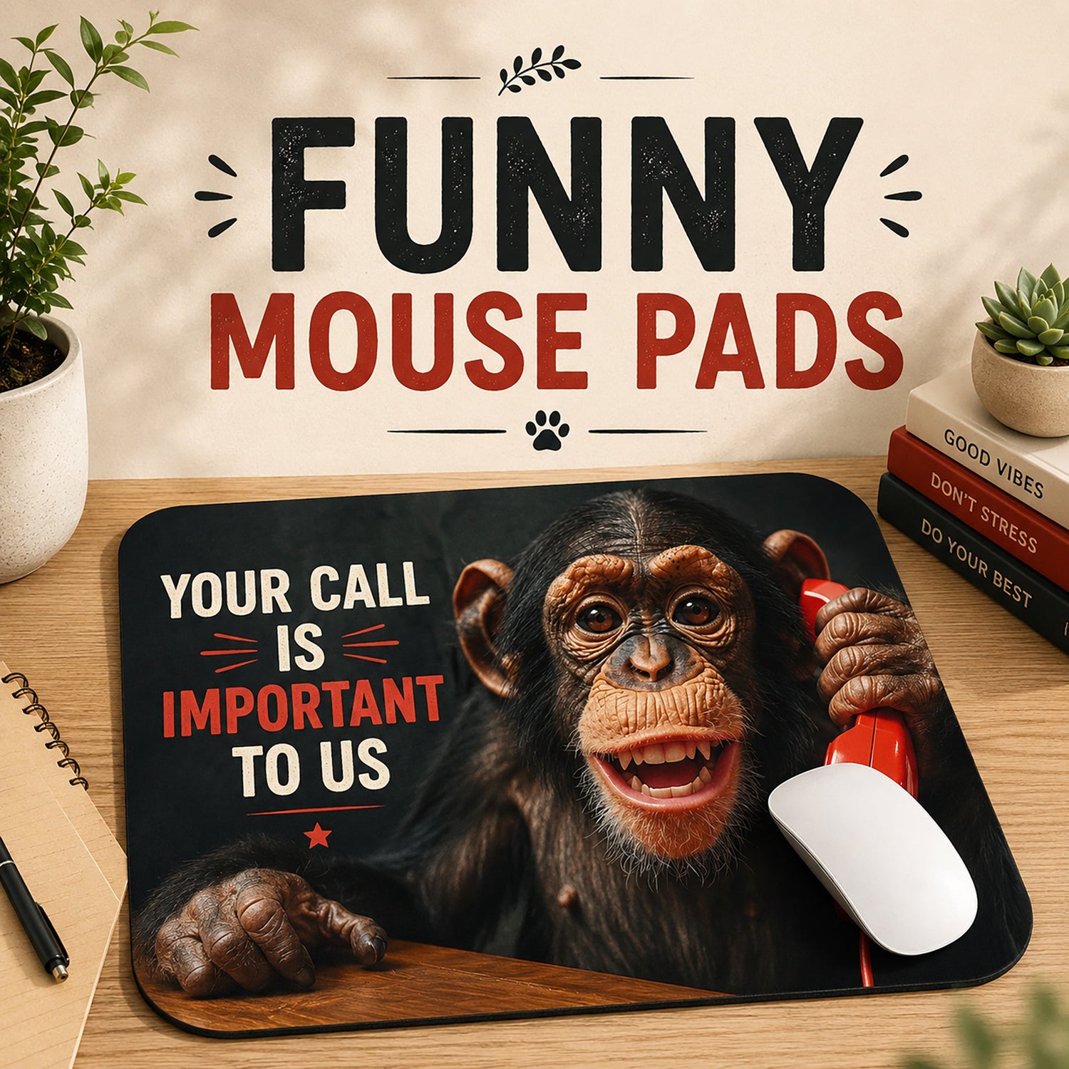 Funny Mouse Pads collection featuring humorous animal designs, witty quotes, and playful artwork displayed in a bright modern workspace.