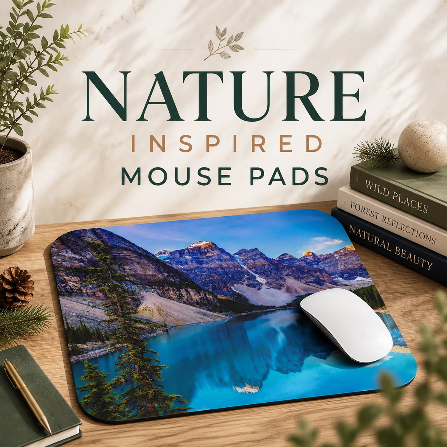 Nature-Inspired Mouse Pads collection featuring mountain landscapes, forest scenery, lakes, and outdoor-inspired artwork in a calm, natural workspace setting.