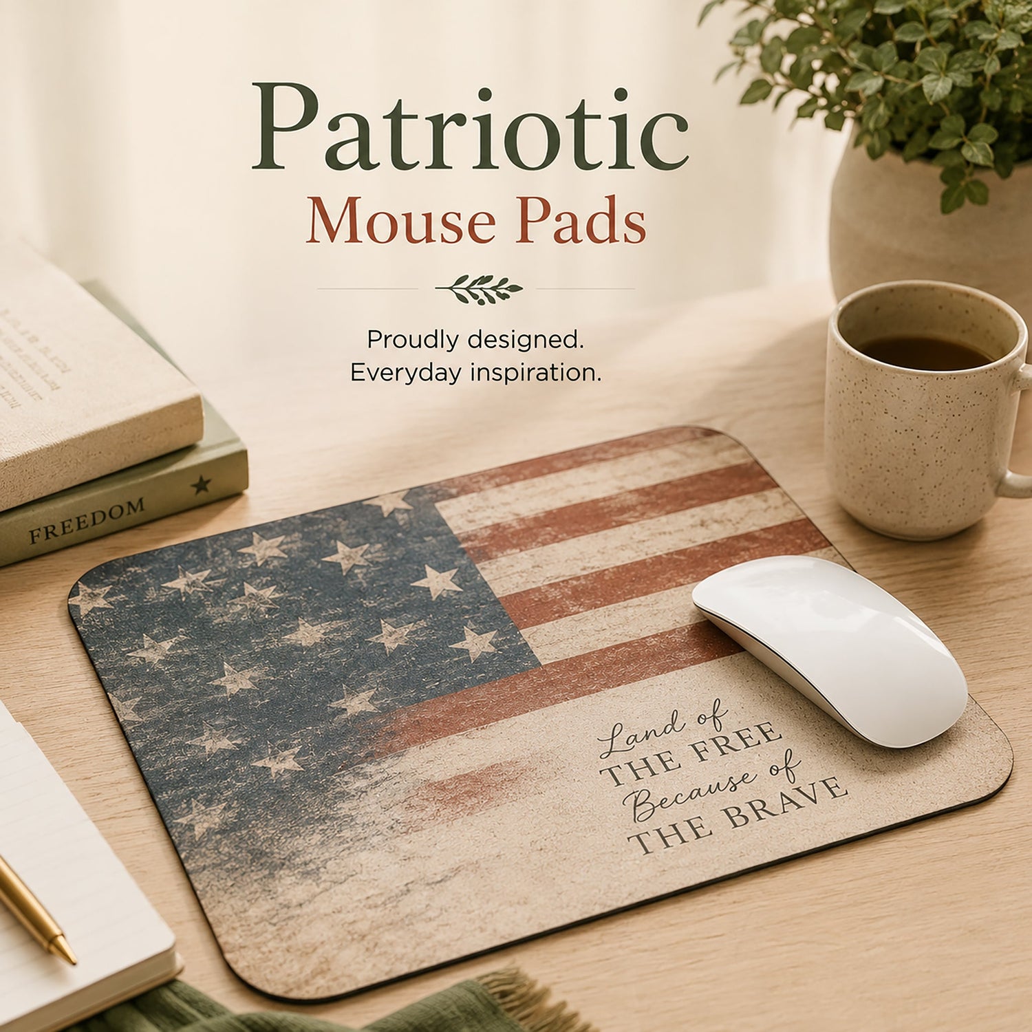 Patriotic mouse pad with American flag design on a desk, surrounded by books and a potted plant, showing a wireless mouse.