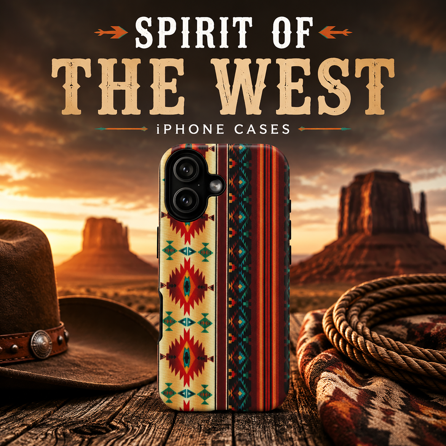 Western and Native American style iPhone case with tribal pattern, desert sunset, and southwestern inspired design.