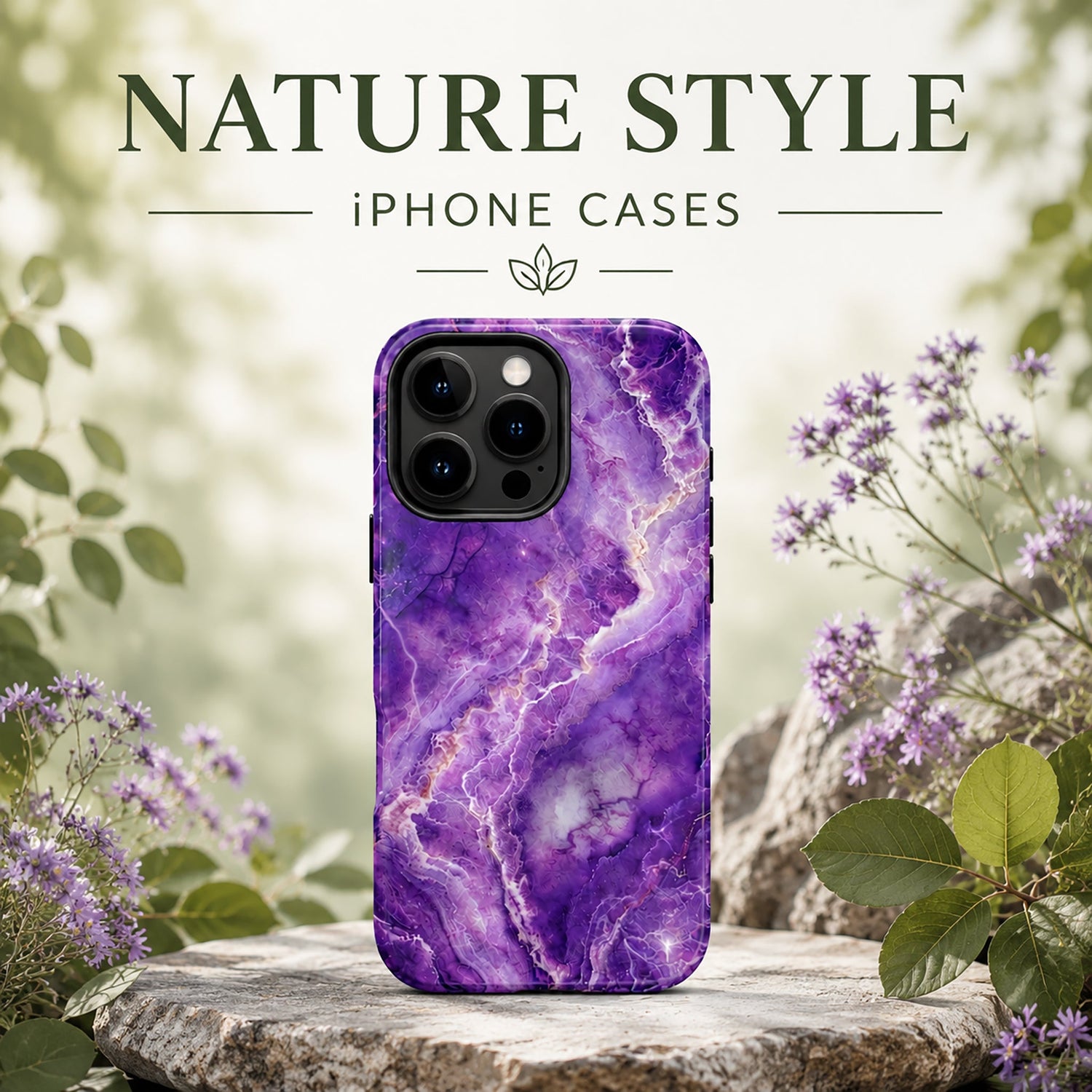 Nature-inspired iPhone case with purple marble and crystal pattern, displayed on stone surface with green leaves and flowers, showcasing premium design for stylish phone protection.