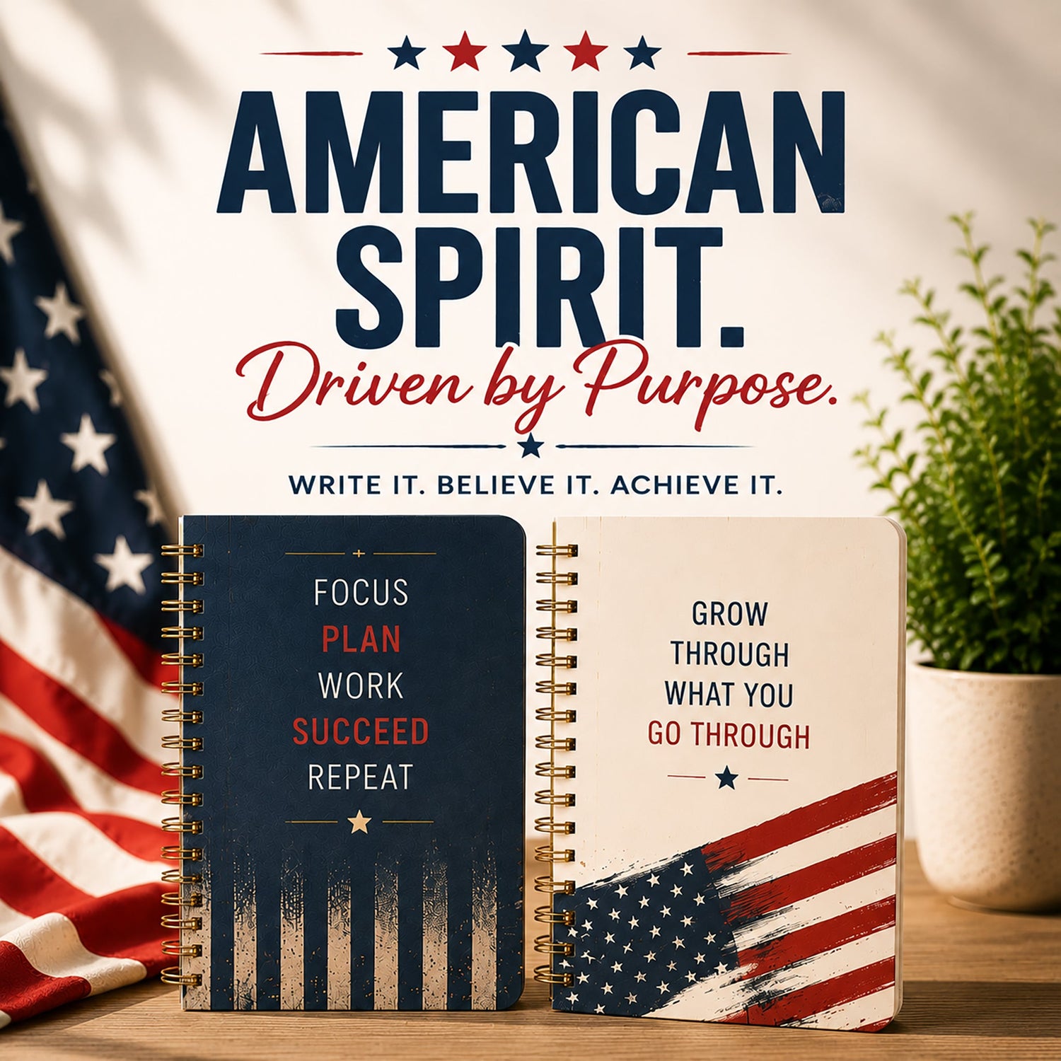 Patriotic spiral notebooks with American flag designs, motivational quotes, and USA-inspired artwork.