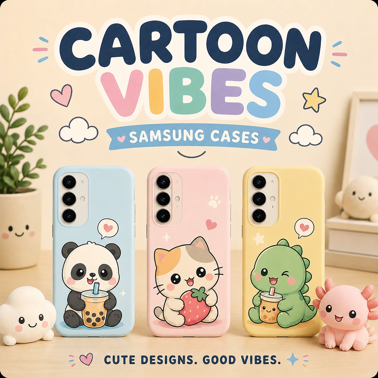 Cartoon Vibes Samsung phone cases with cute animal and pastel designs.