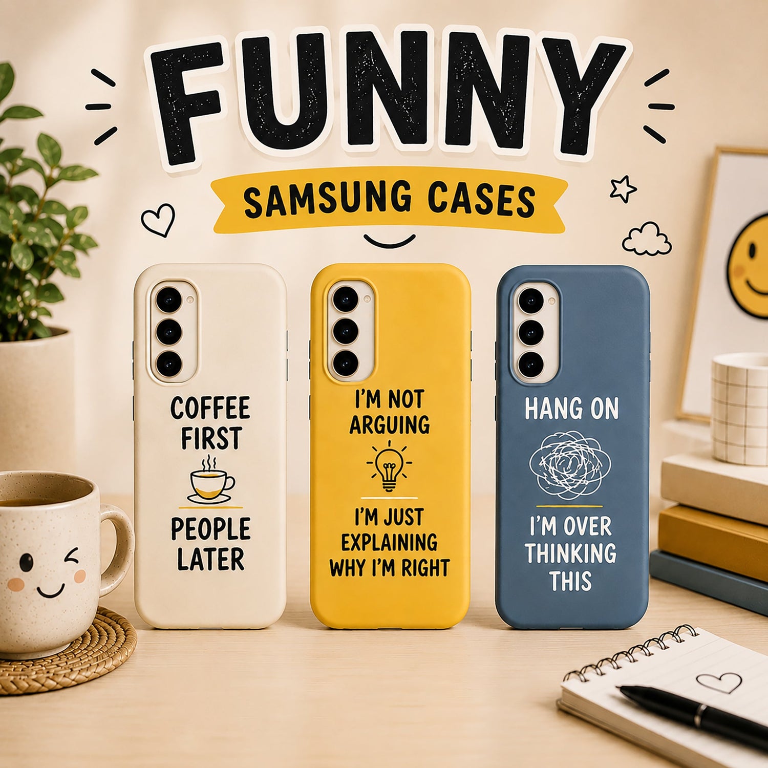 Funny Samsung phone cases with humorous quotes and minimalist designs.