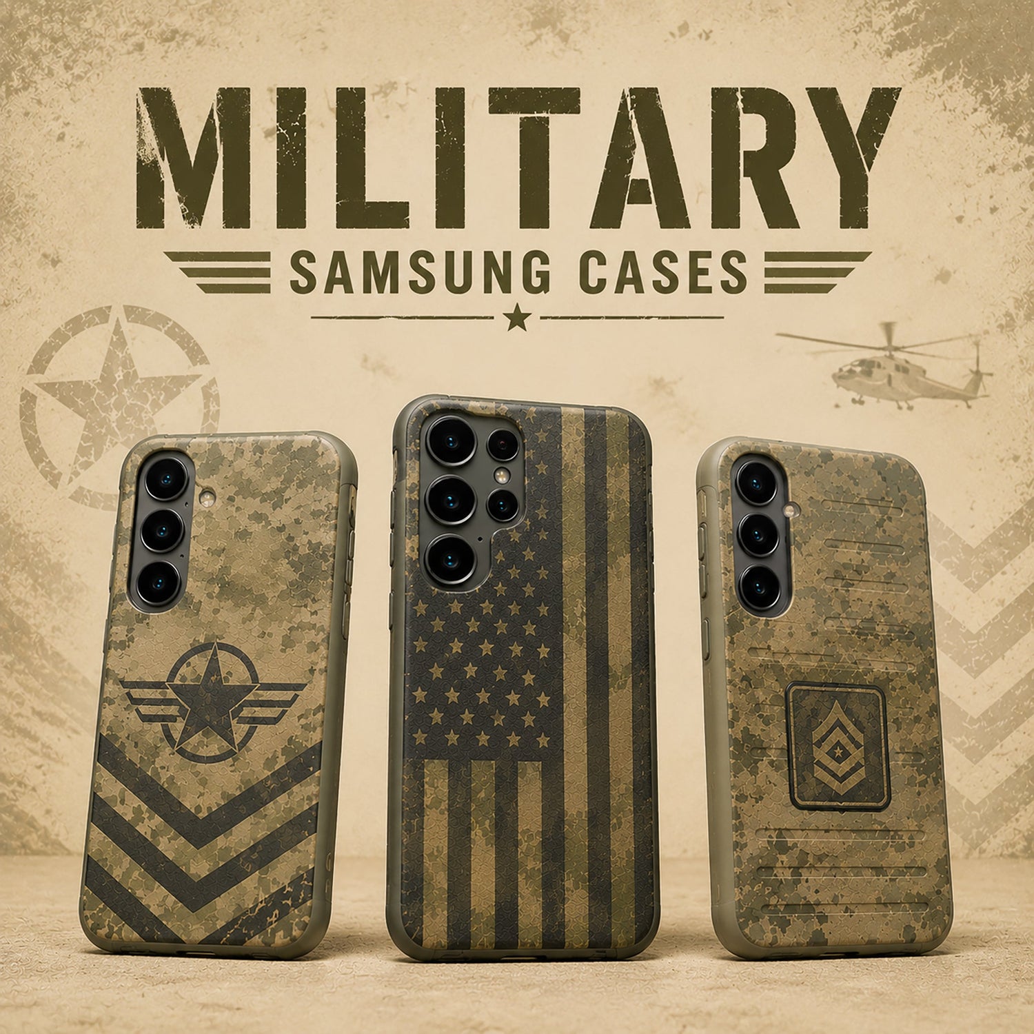 Military Samsung phone cases with camouflage and American flag designs.