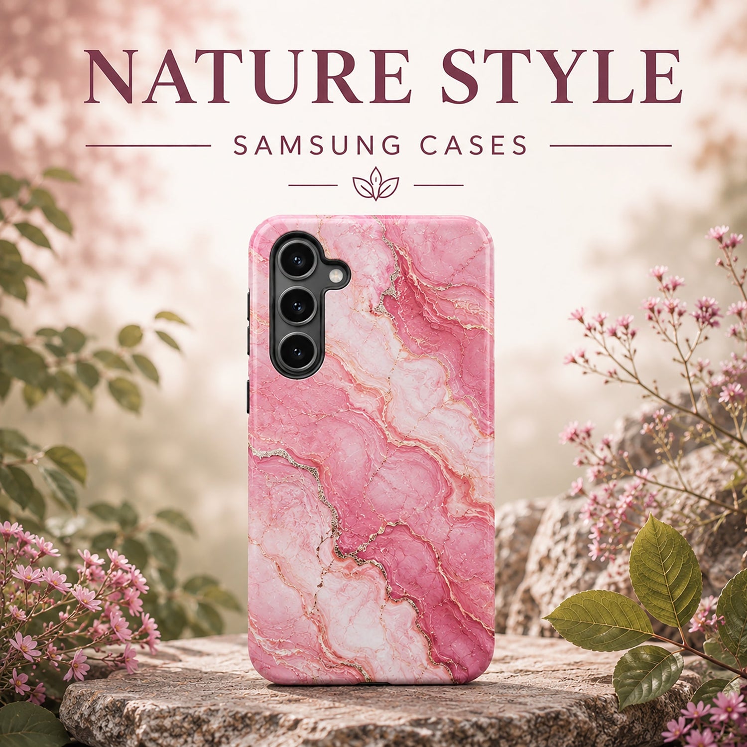 Nature Style Samsung phone case with pink marble design.