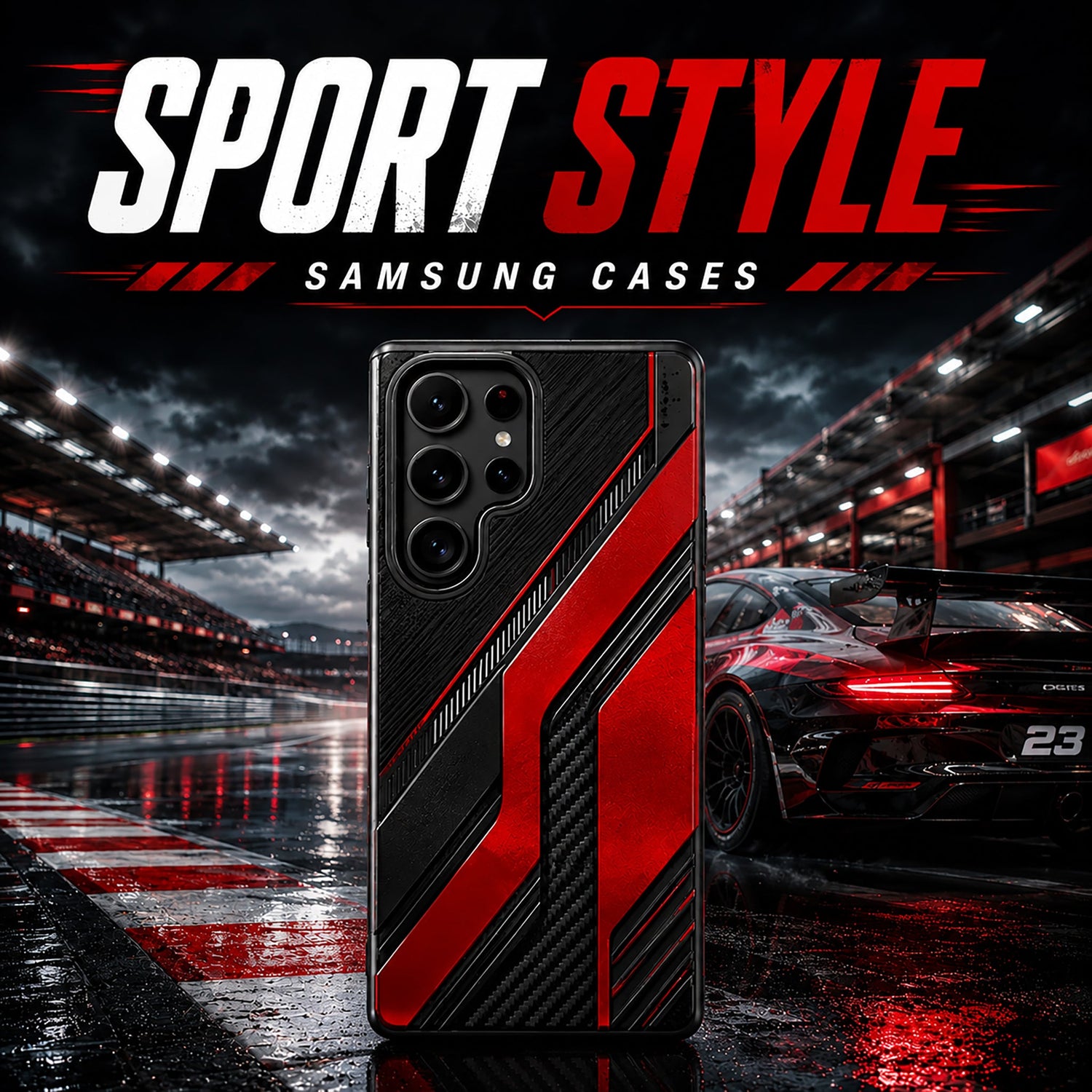 Sport Style Samsung phone case featuring a black and red racing-inspired design with carbon fiber accents, displayed on a high-performance race track background.
