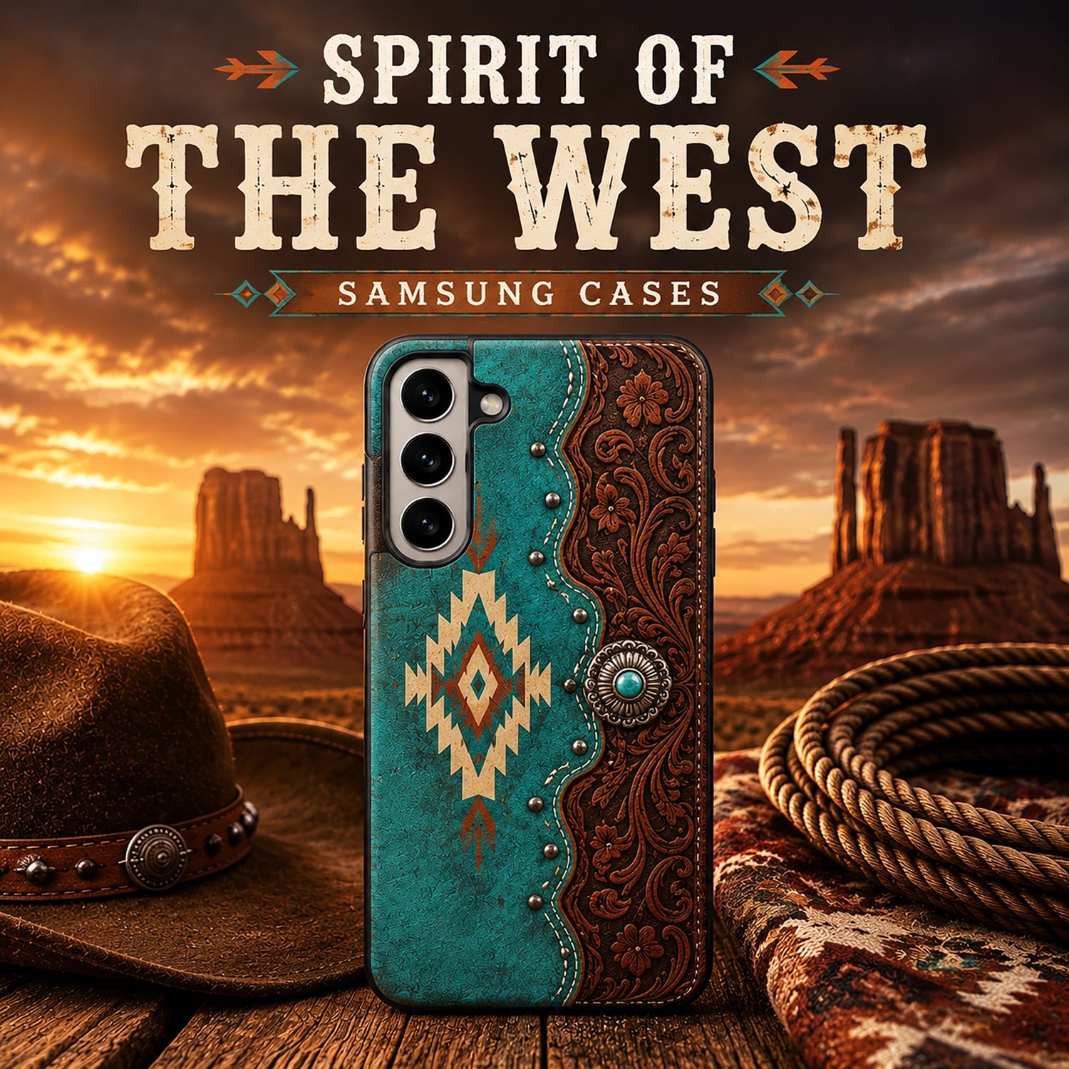Western Samsung phone case with turquoise leather and Southwestern design.