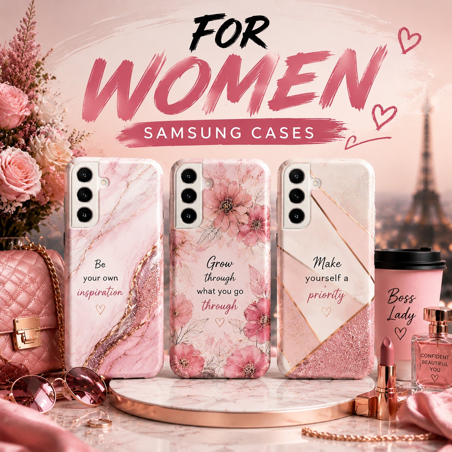 For Women Samsung phone cases with pink marble, floral, and feminine designs.